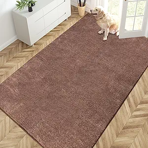 PURRUGS Easy Care Area Rug 4.5ft x 7ft, Non-Slip Washable Entryway Rug, Dog Door Mat, Stain Resistant Accent Rug for Hallway, Living Room, Bedroom and Mudroom, Brown-Light Cream