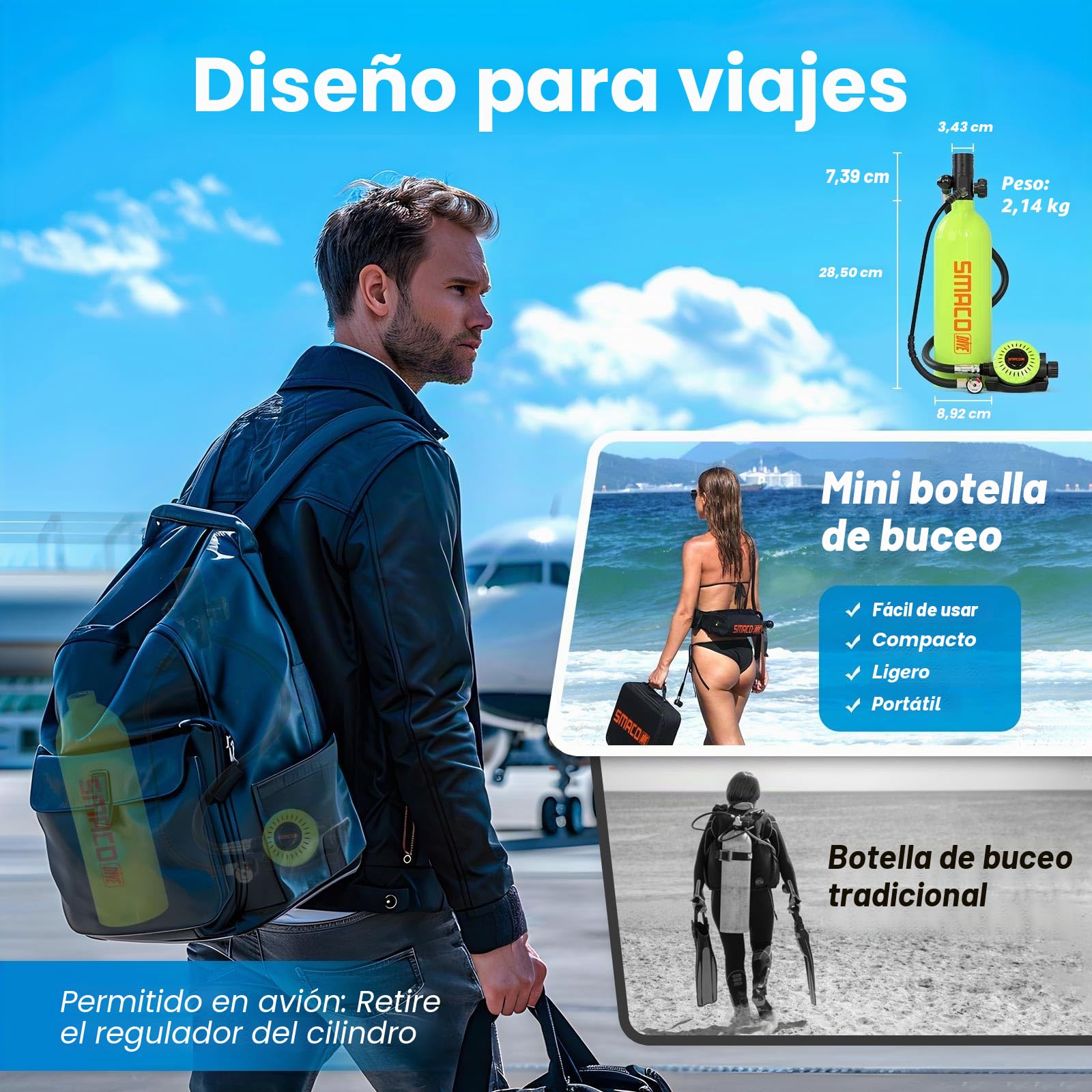 SMACO Mini Botella de Buceo 1 litro Portatil Bombona de Buceo para Respiración Subacuática Pequeñas Botella Submarinismo Tanque de Buceo Recargable para Viajes Nadar Rescate S400 Pro