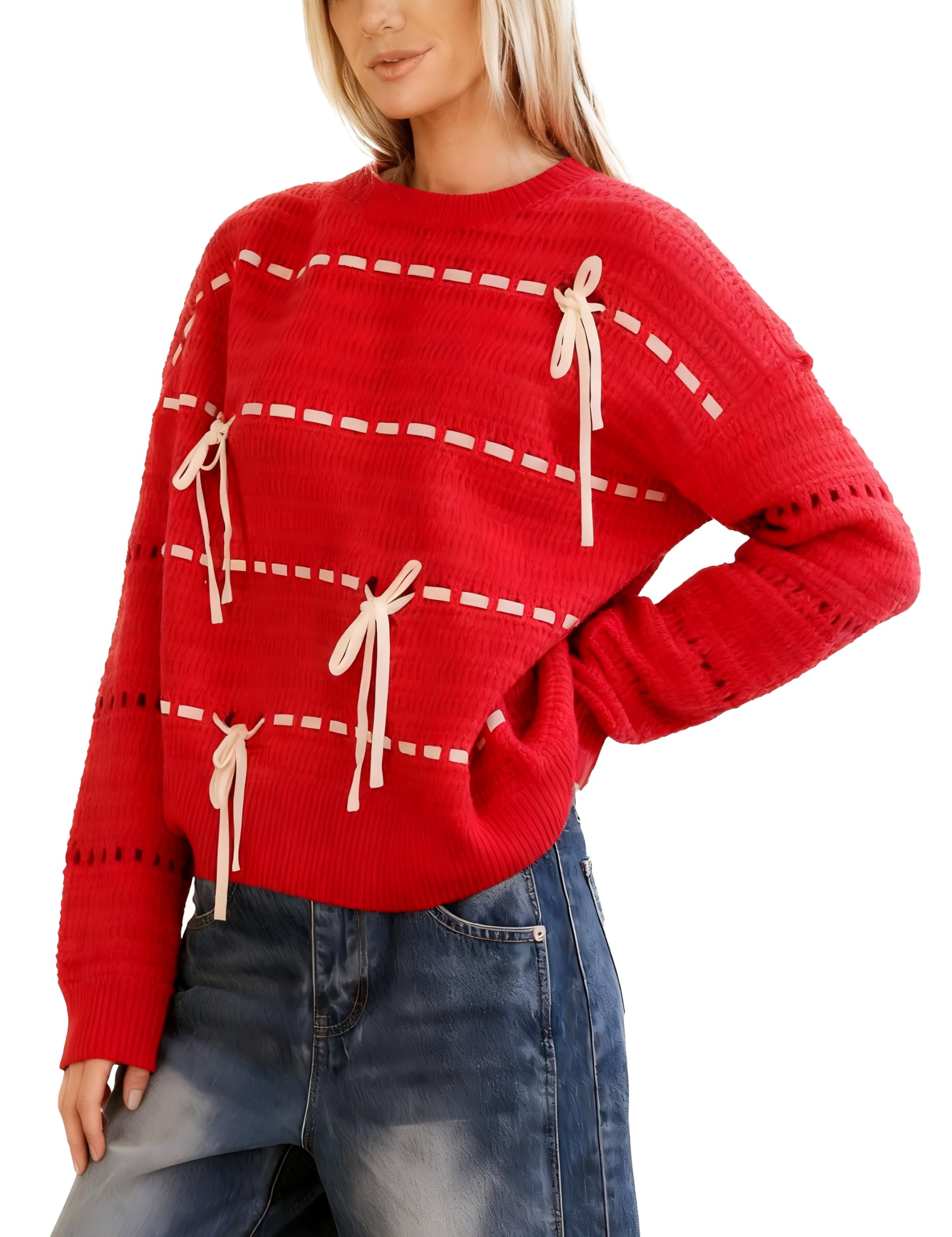 Women‘s Crochet Sweater Pullover Casual Long Sleeve Bow Tie Top Lightweight Hollow Out Knit Fall Outfits-image-6