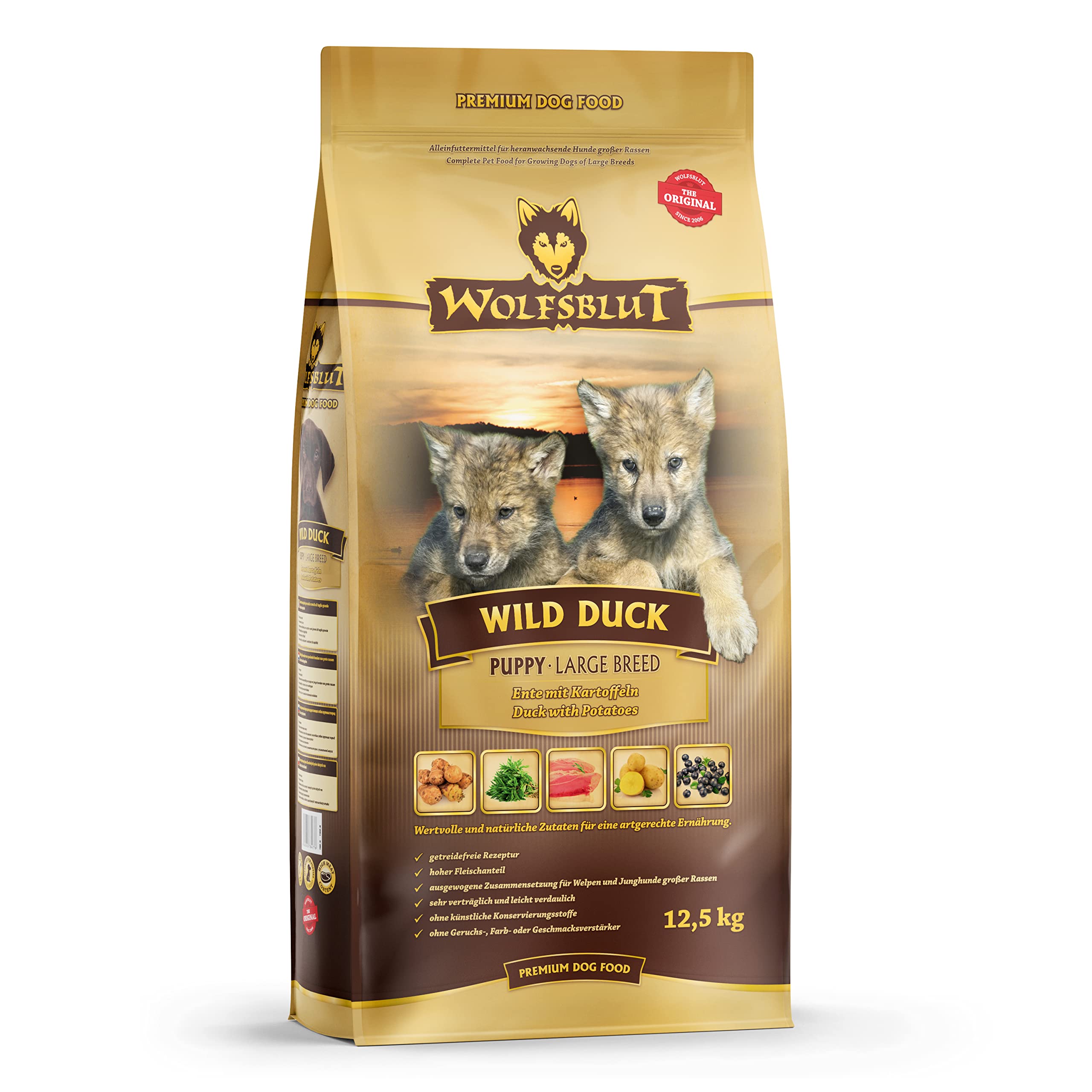 WOLFSBLUT – Wild Duck Large Breed Puppy | Trockenfutter mit natürlichen Zutaten für große, heranwachsende Hunde. Getreidefreies Alleinfutter ohne Zusatzstoffe im Beutel | 12,5kg Ente