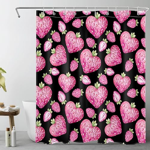 Miniatura 8 de LB Juego de cortinas de ducha para el día de San Valentín con alfombras creativas en forma de corazón de fresa con hojas sobre tela negra con
