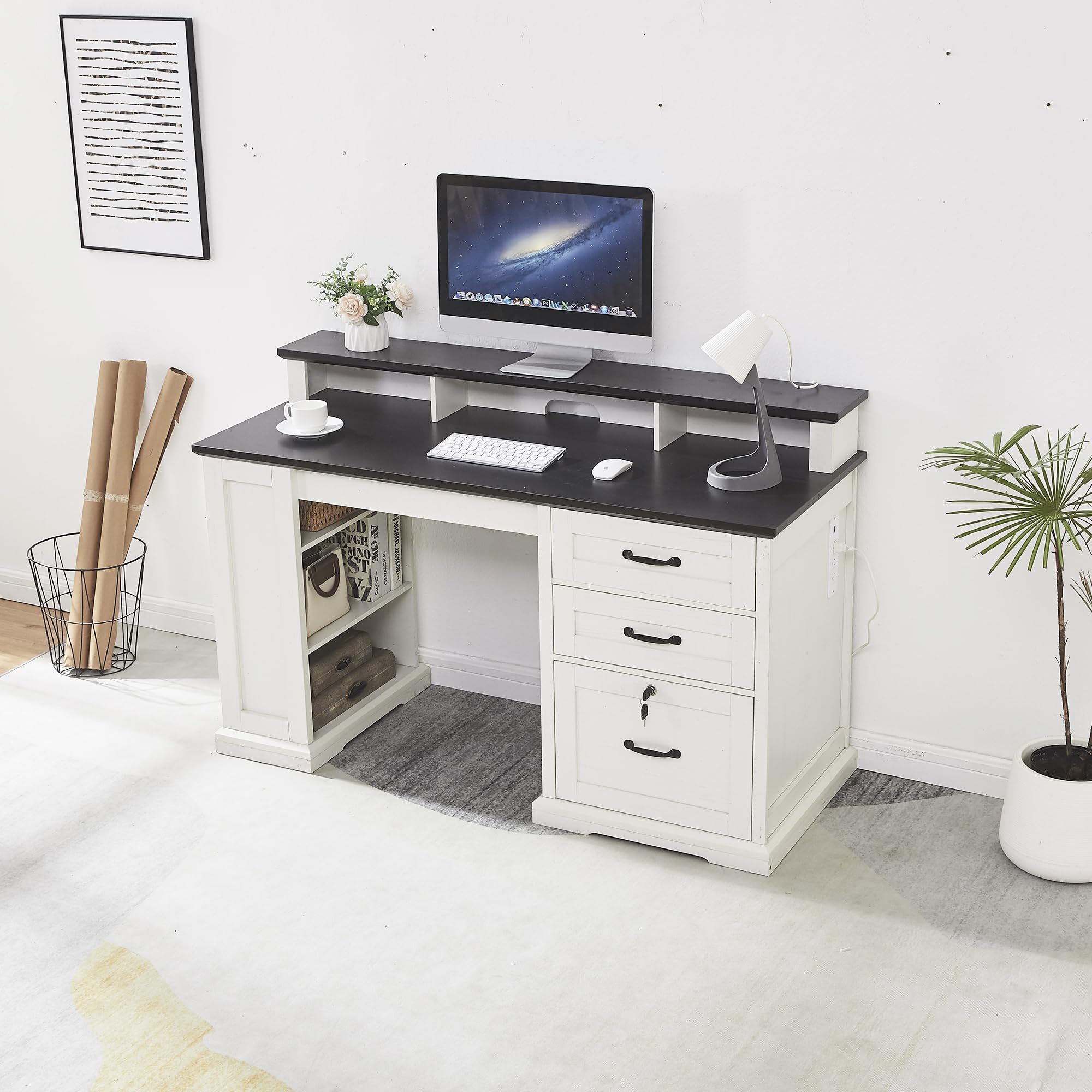 Zethvax 55”Farmhouse Executive Desk with Side Bookshelf, Home Office Desk with Monitor Stand, 2 Drawers & Lockable File Cabinet,Rustic Computer Desk