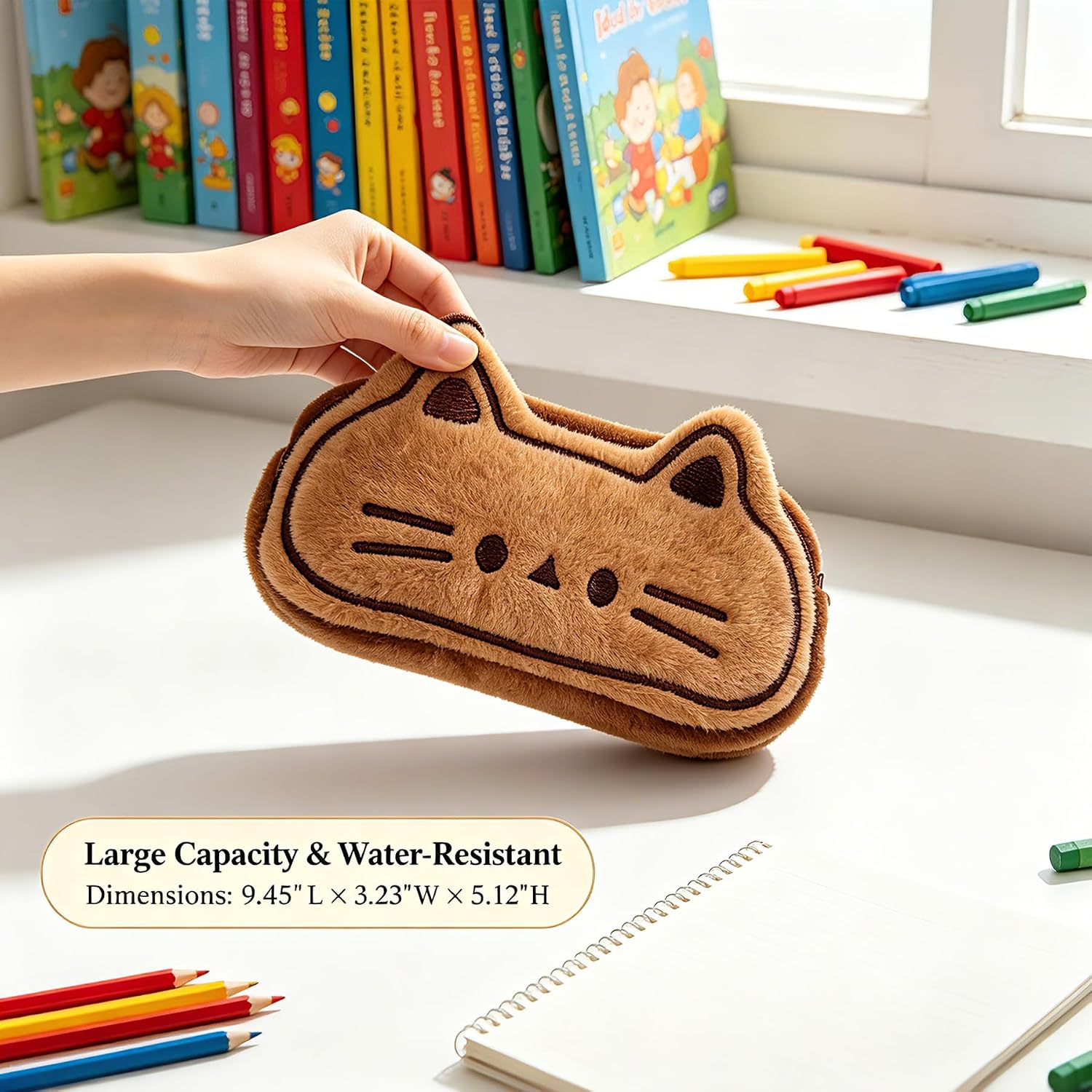 KEYDUACU Cute Plush Cat Pencil Case, Kawaii Feline Design Large Capacity Soft Pen Pouch, Versatile Stationery Bag for Office, Daily Use & Travel (Brown)