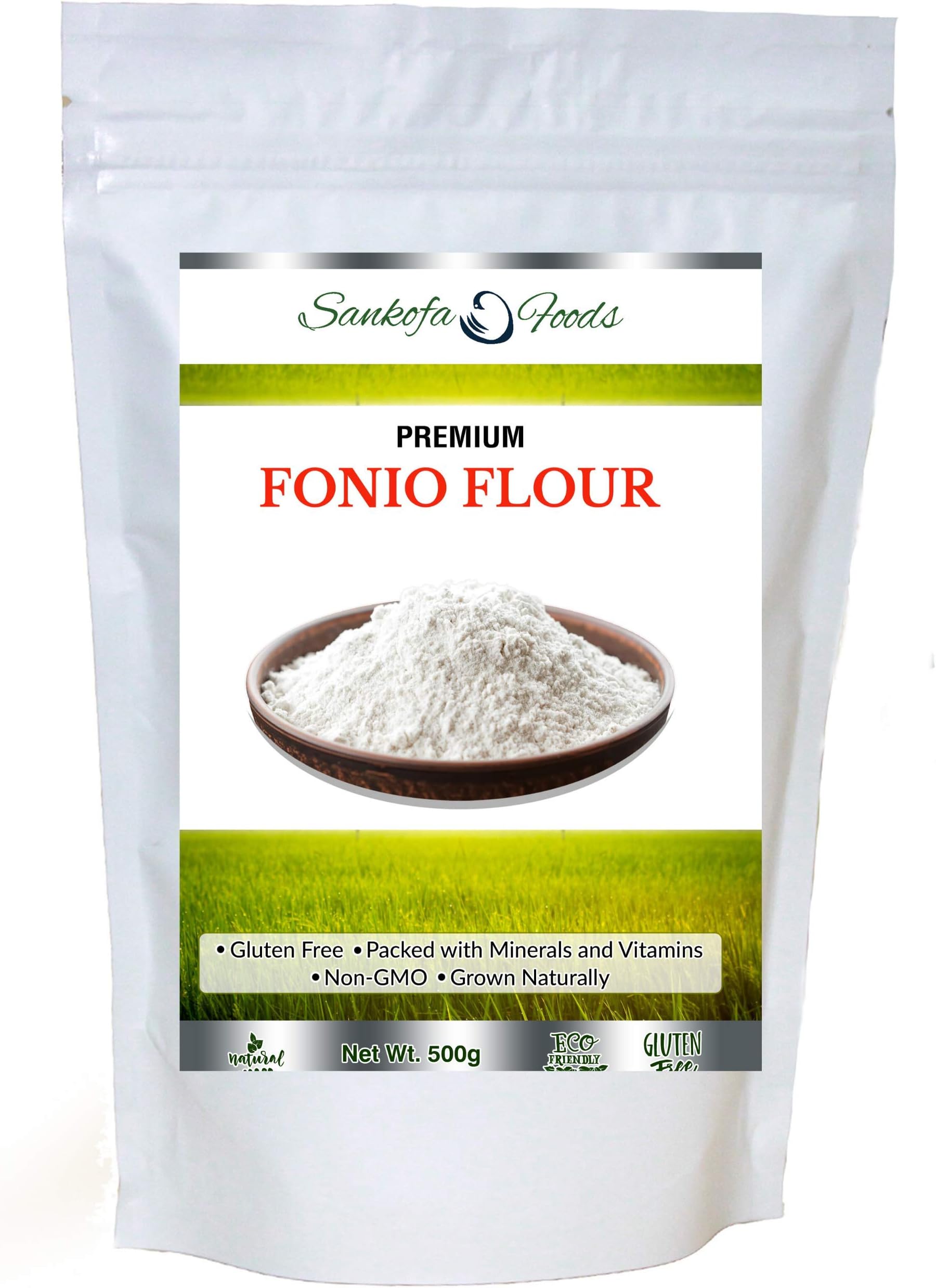 Sankofa Foods Unrefined Fonio Flour| Gluten Free| Non-GMO| Easy to Digest| Low Glycemic Index | High Dietary Fibre| Great Source of Minerals, Vitamins & Amino Acids. .500g