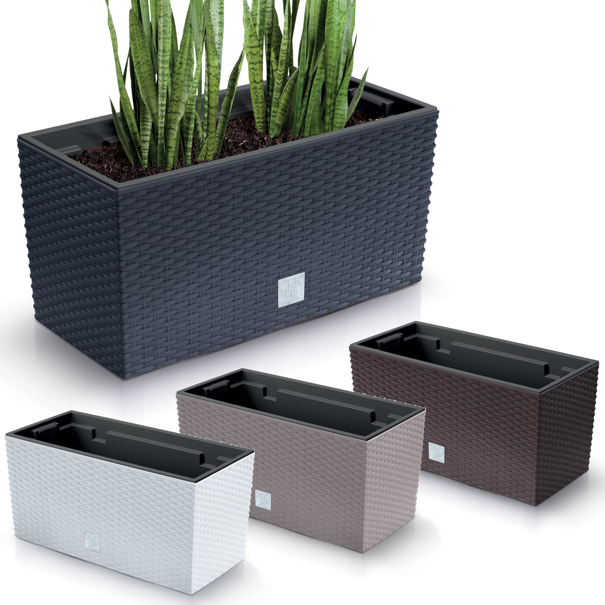 Urbn Garden White 40Cm Rectangle Rattan Plastic Balcony Flower Plant Garden Planter Decor Pots (Anthracite)