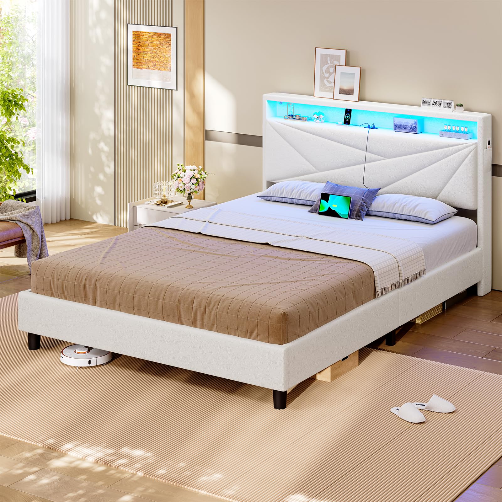 KIMENICH Lit 140x190 avec Sommier, Lit Double avec LED Réglable et Multiprise, Étagères Ouvertes et Rangement sous Sommier, Cadre de Lits 140x190 Capitonné, PU Blanc