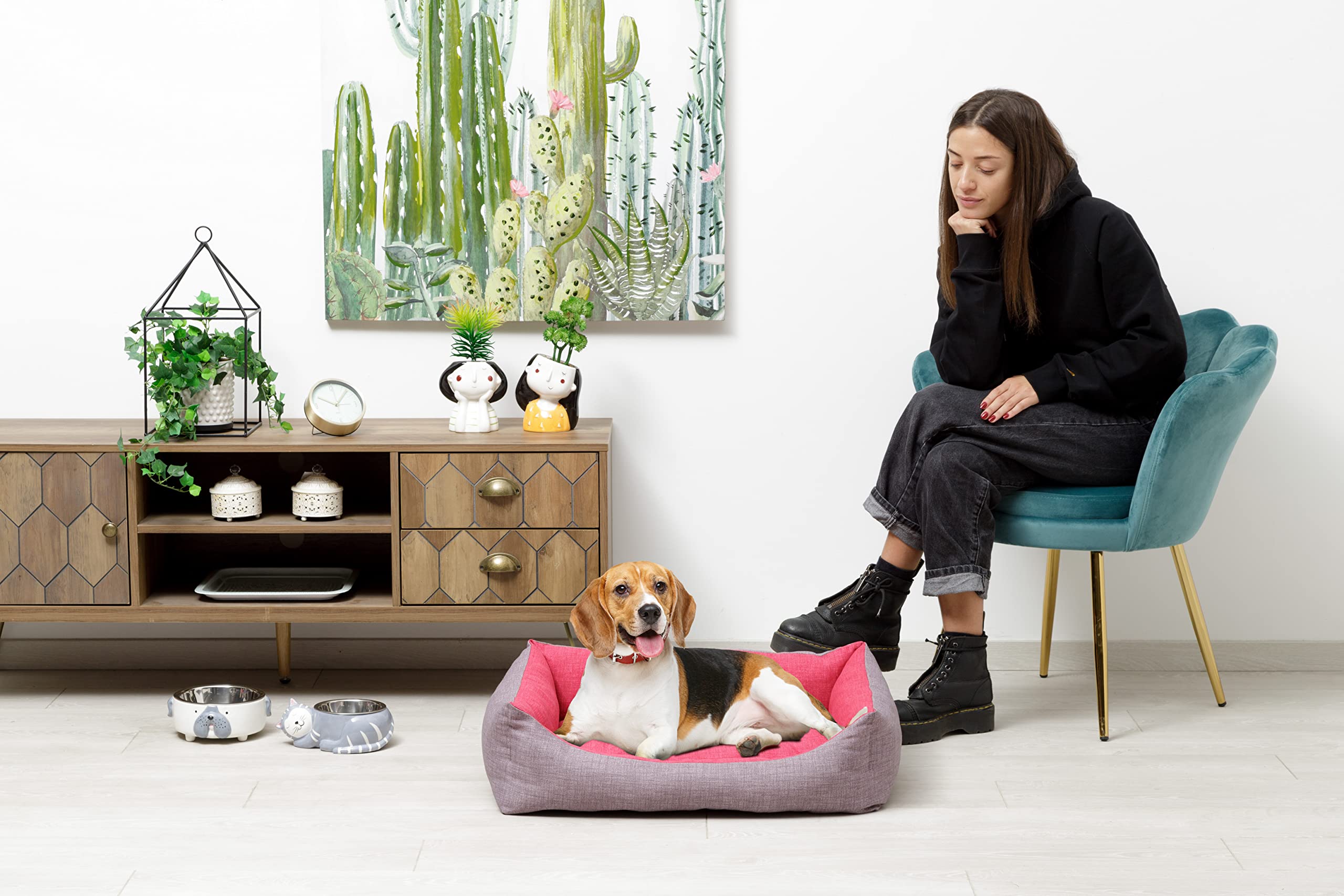 Baroni Home Cuccia per Cane in tessuto Grigio e Bordeaux Taglia M 60x70 cm, Morbido Divano Rettangolare, Comodo, per Camera da Letto Salotto Corridoio, Lavabile