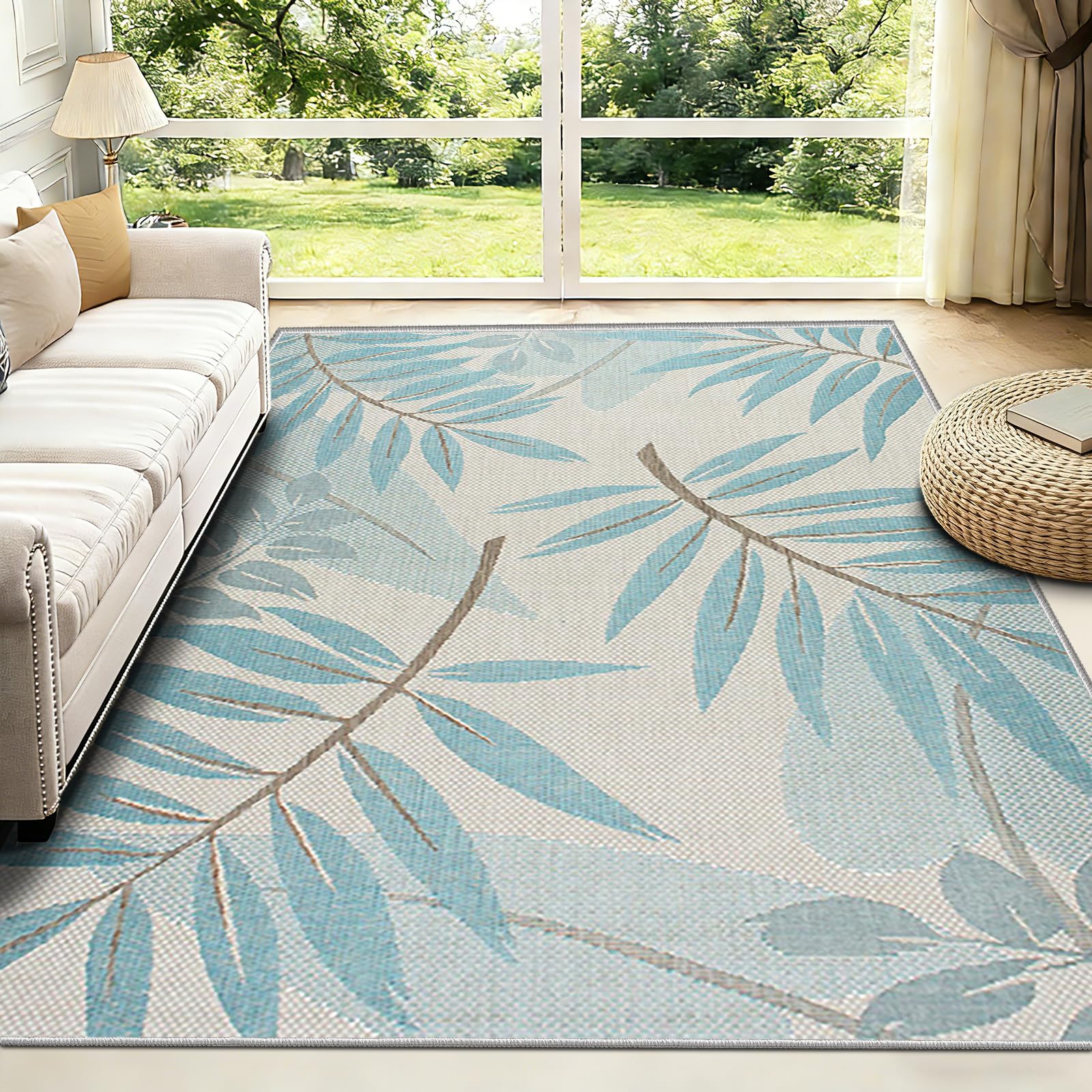 FTCJWL Machine Washable Rug, Modern Ocean Blue Tropical Leaf Area Rug, Navy Teal Coastal Short-Pile Carpet, Non-Slip Botanical Rug for Living Room Dining Room (80x160cm) — image 1