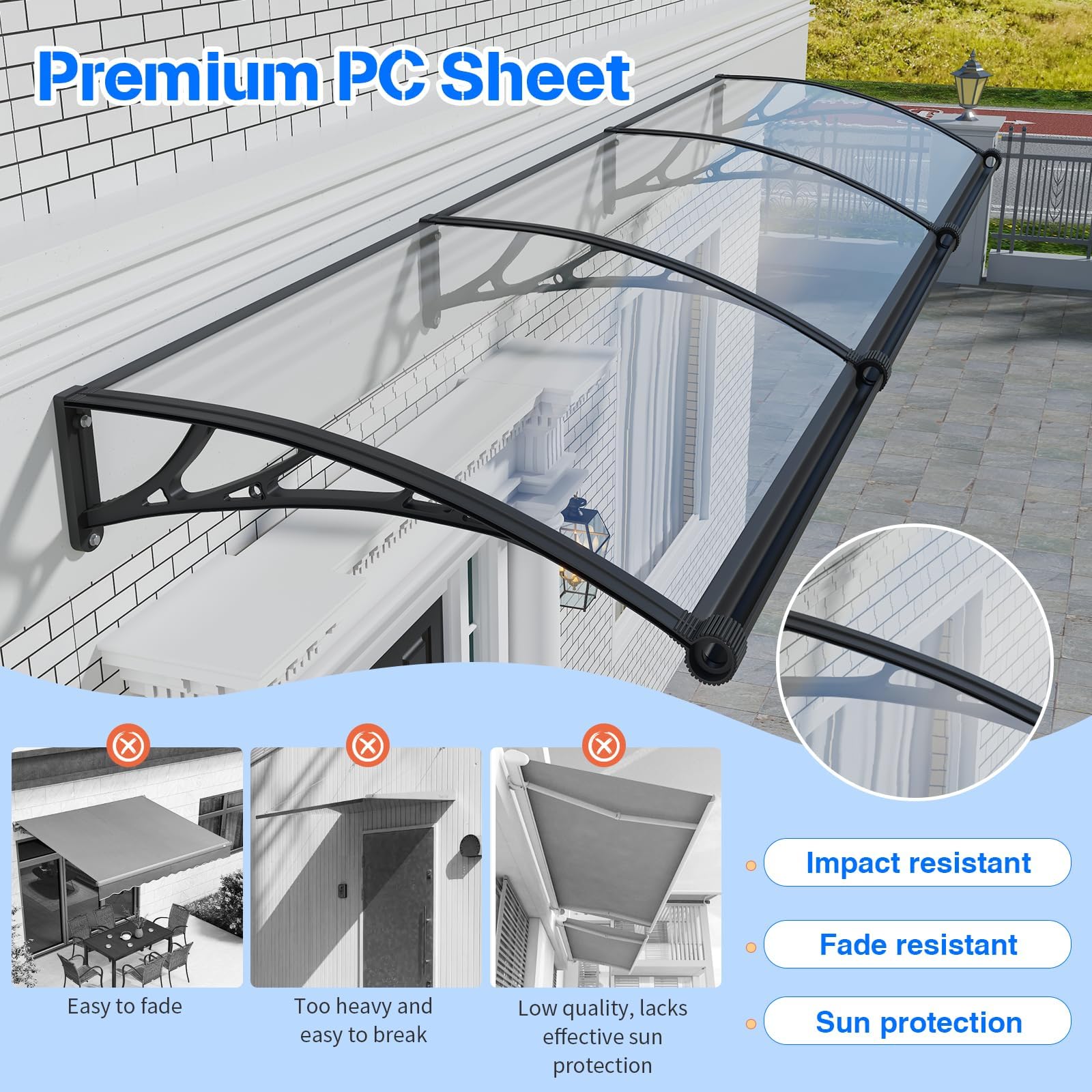 Vordach für Haustür mit separater Entwässerung, 200x80cm-Fenstervordach, Robuste Polycarbonat Pultvordach Überdachung für UV-, Regen- und Schneeschutz, ideal für Veranda