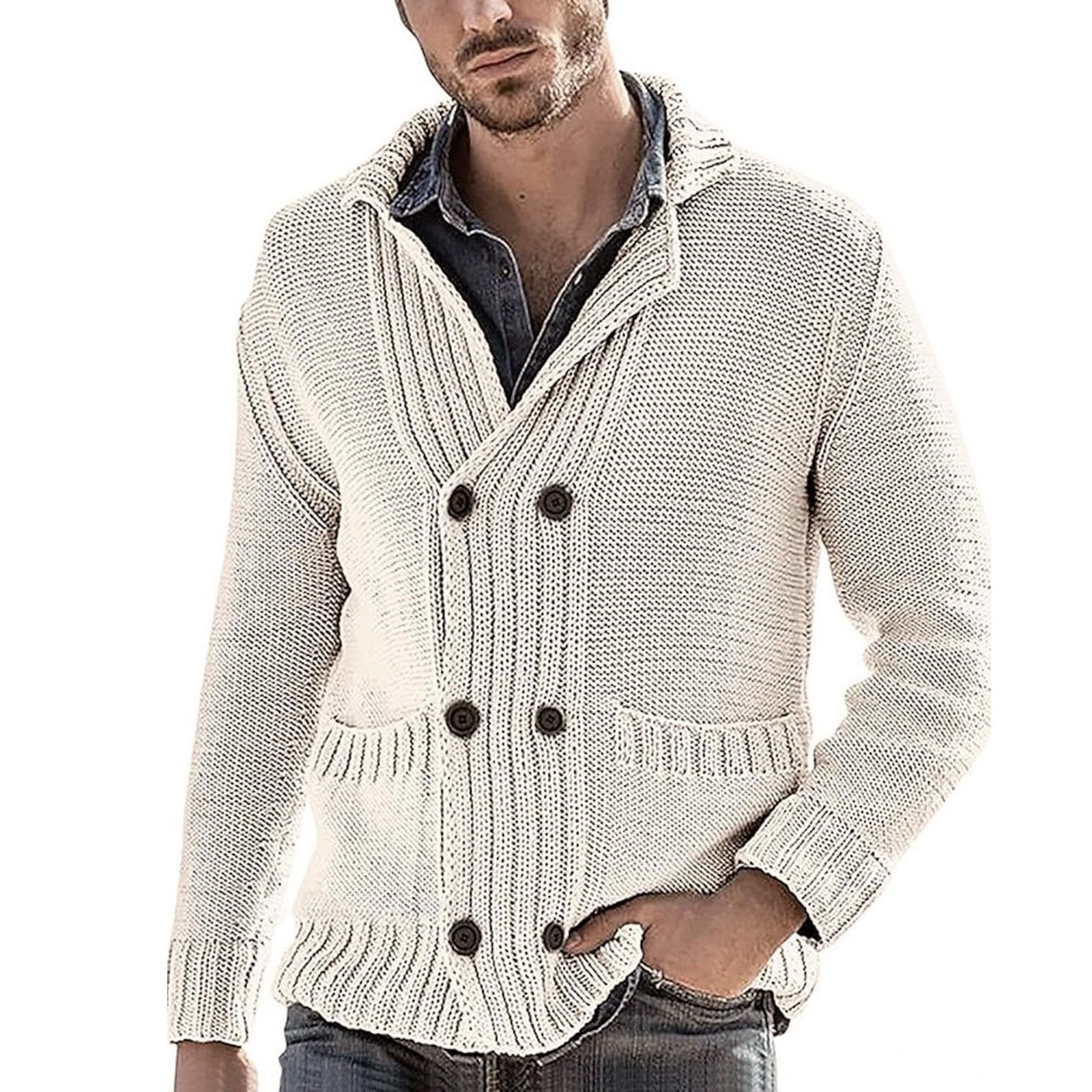 Cardigan Punto Hombre, Botones para Chaqueta Hombre con Cuello Chal Suéter Cuello V Punto Manga Larga Solapa Cuello Abrigo De Punto con Bolsillos para La Moda Diaria Y Comodidad