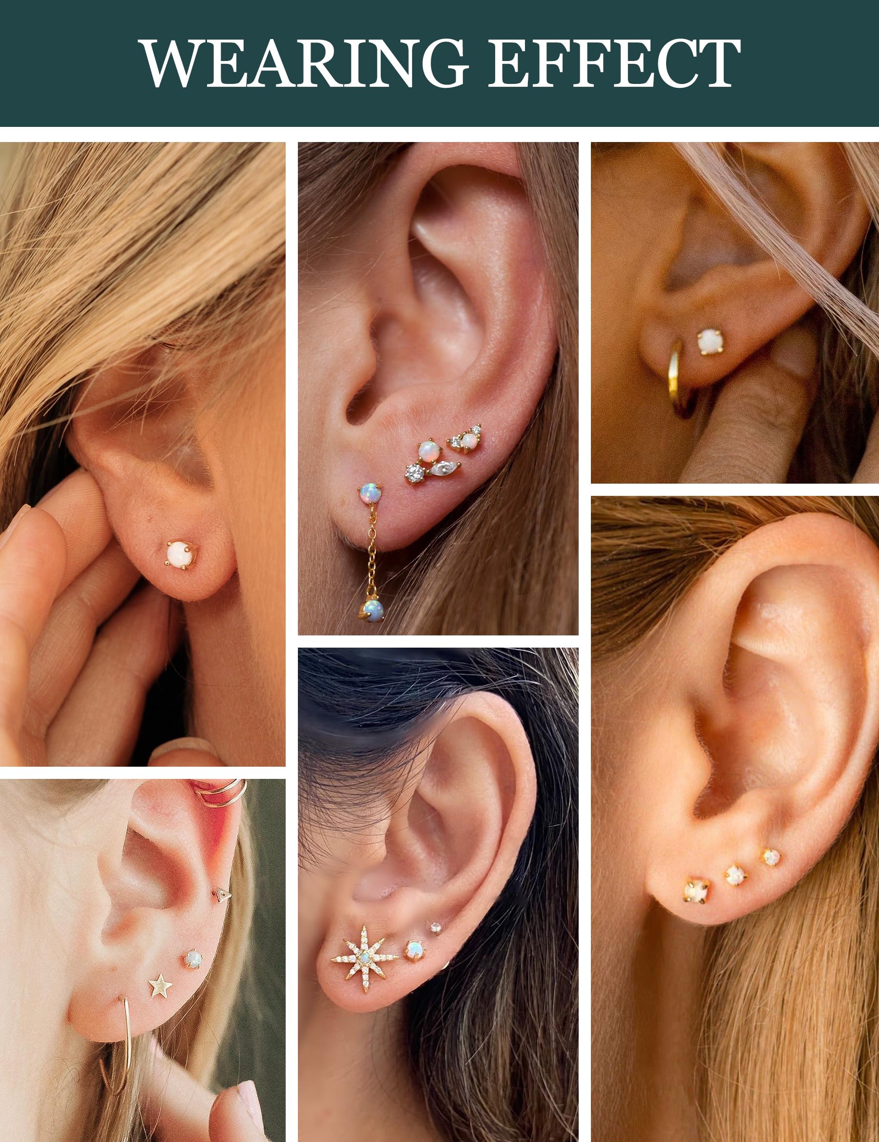 3 Pairs 14k Gold Stud Earrings for Women Hypoallergenic 925 Sterling Silver Post Dainty Silver Cartilage Tragus Earrings Stacks Set Trendy Small Diamond Heart Multiple Piercing Jewelry for Men: G.Gold -Opal -3 Pairs