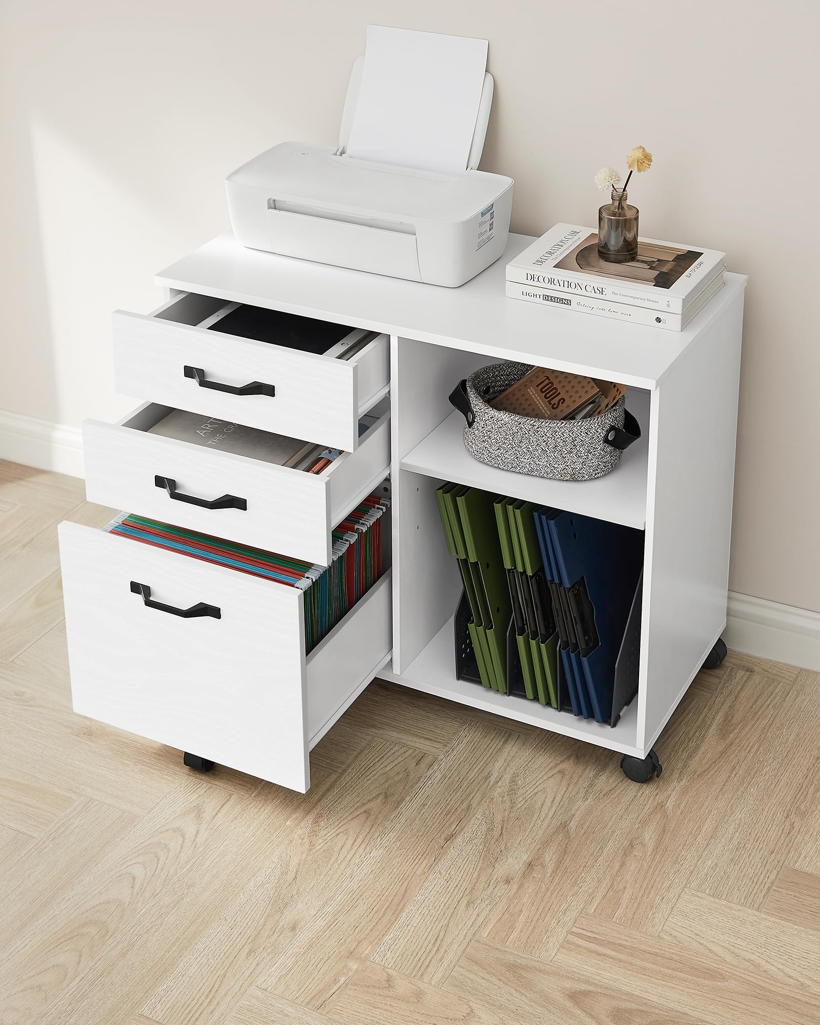 VASAGLE Rollcontainer, Aktenschrank, mit 3 Schubladen und Rollen, offene Fächer, für Dokumente in DIN A4-, Letter-Format, Druckerständer, Industrie-Design, weiß mit Holzmaserung OFC041W46