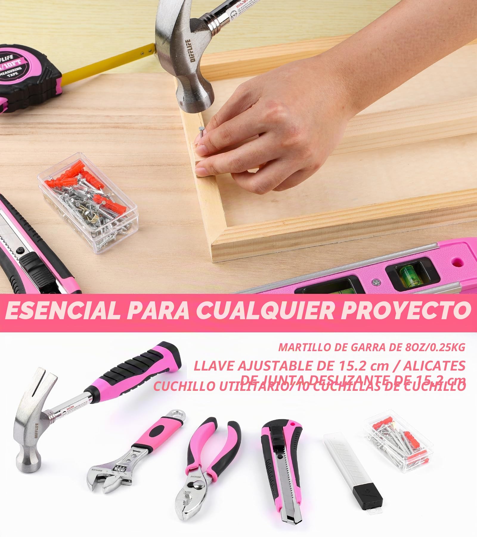 Juego de herramientas rosas, 131 piezas, juego de herramientas rosas para mujer, kit de herramientas manuales para el hogar con caja de herramientas de plástico (rosa)
