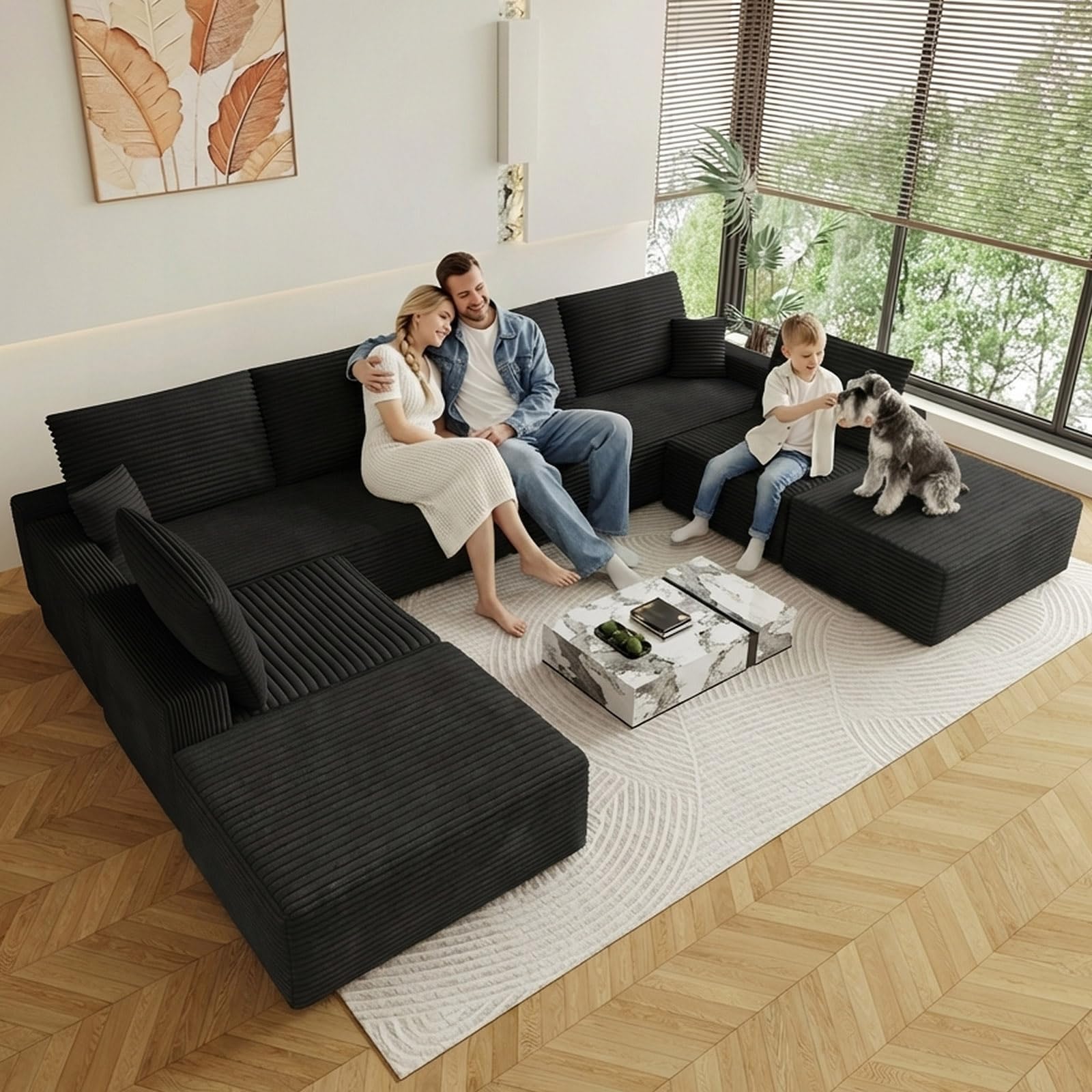 Oversized Modular Sectional Sofa Couch, Large 8 Seater Corner Sofa Modern U Shaped Sectional Couch with Ottoman Cloud Couches for Living Room, Office, Spacious Space, Corduroy, No Assembly, Black