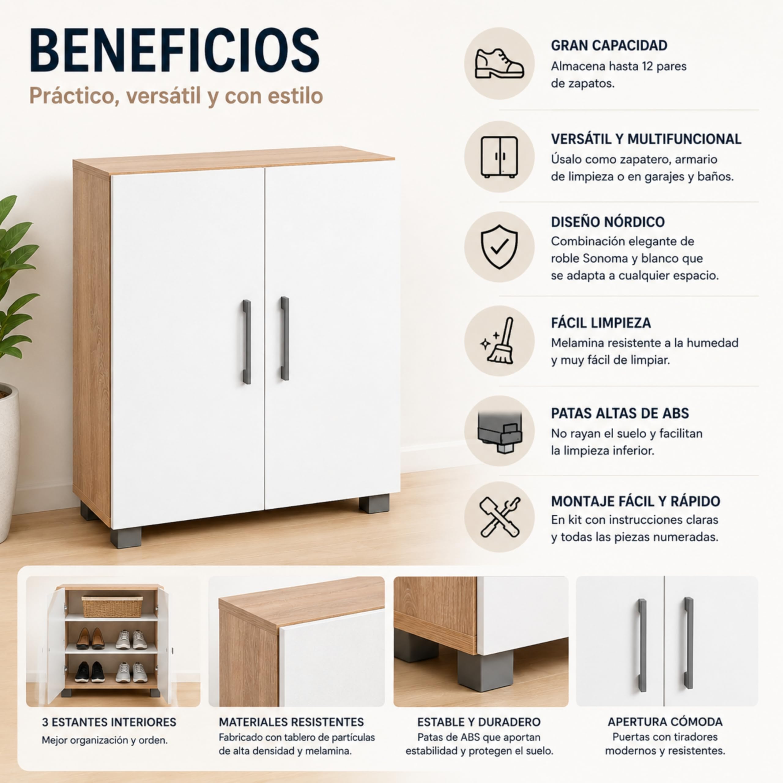 Armario Zapatero Bajo, Mueble Multiusos en Roble y Blanco, 70 x 32 x 82 cm Iris