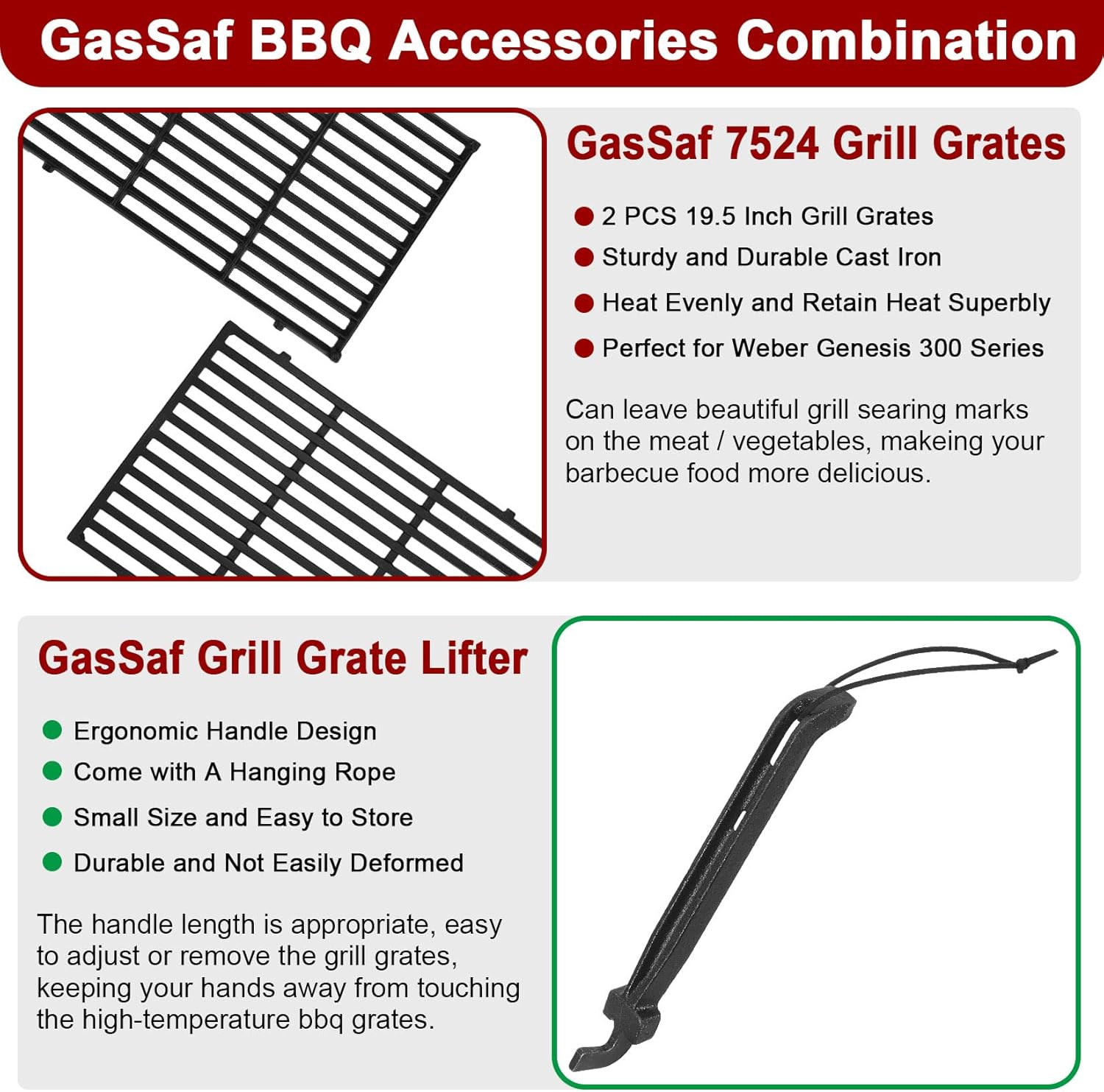 GasSaf 24.5 inch Flavorizer Bars and 19.5 inch Grill Grates Replacement for Weber 7539 7524, Genesis 300 Series E310 E320 E330 S310 S320 S330 Gas Grills with Side Control Knob (2007-2010)