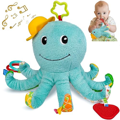 TURKIDS Juguetes de peluche musicales para bebés y niñas con arrugado multisensorial, espejo, sonajero y texturas para 0-3-6-12 meses, juguetes de