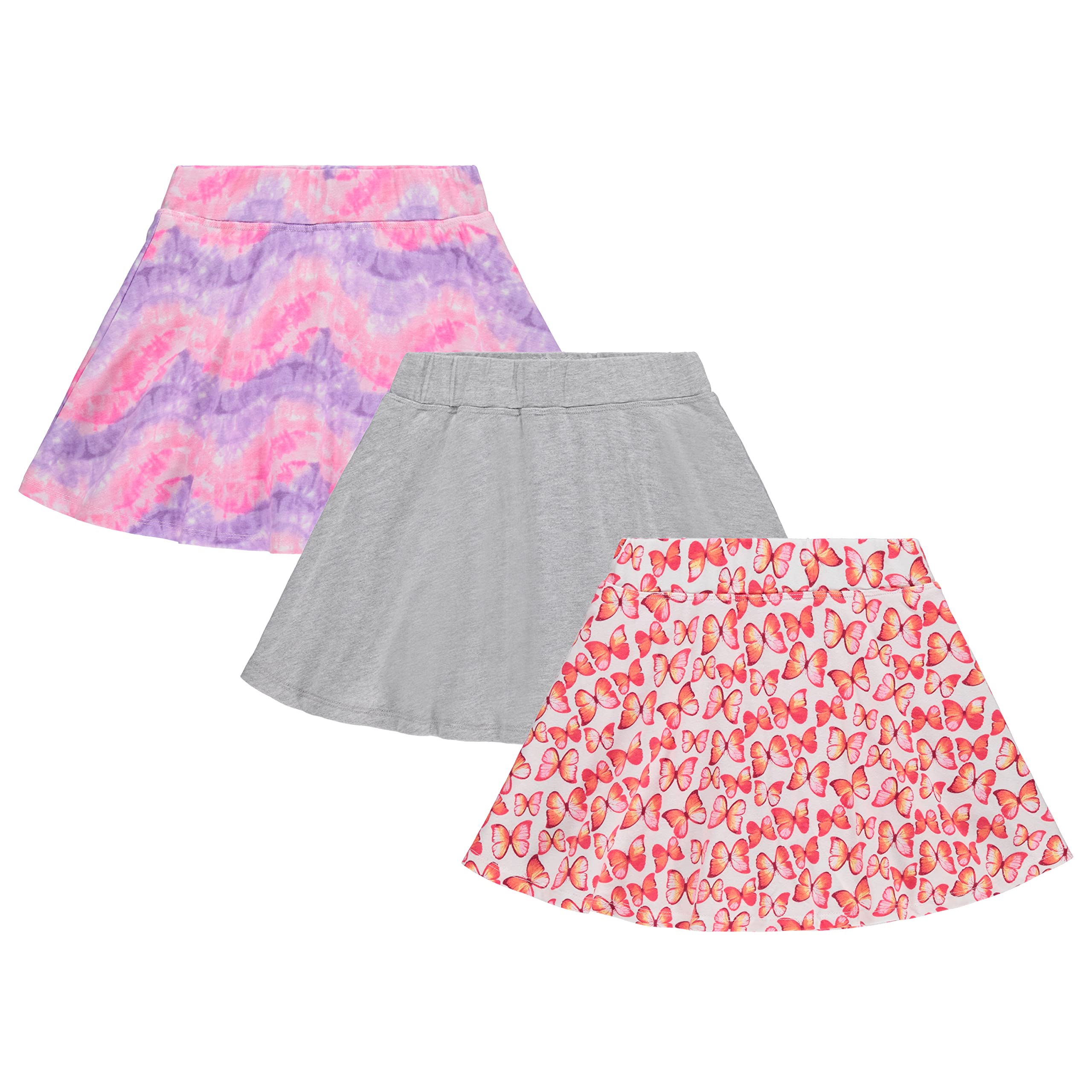 BTween3 Pack Skorts for Girls - Kids Scooter Skirts - Skirt Layered Shorts with Floral, Solid, Tie Dye or Butterfly Prints