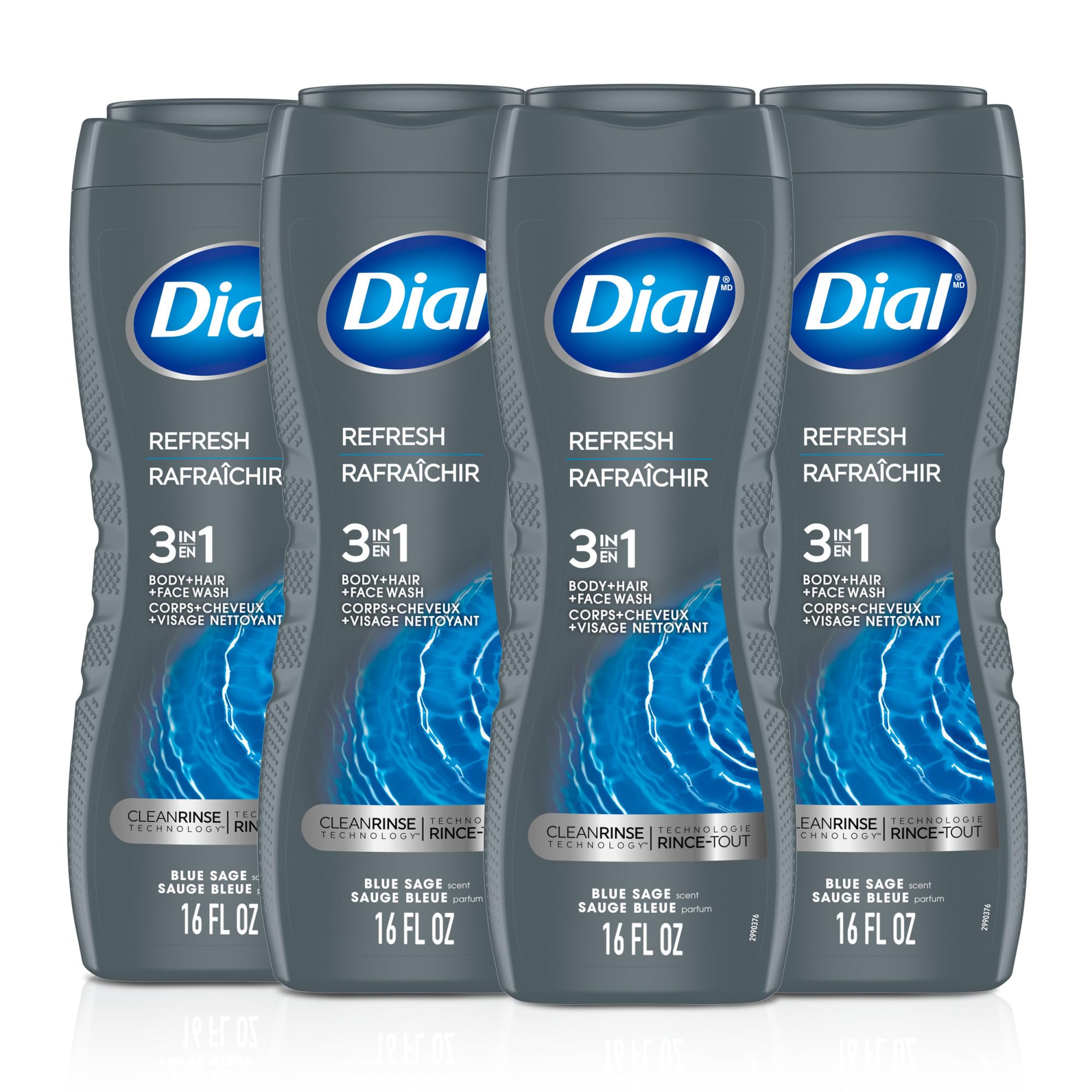 Dial Men 3 in 1 Body Hair and Face Wash Refresh 16 Fl Oz Pack of 4 Blue