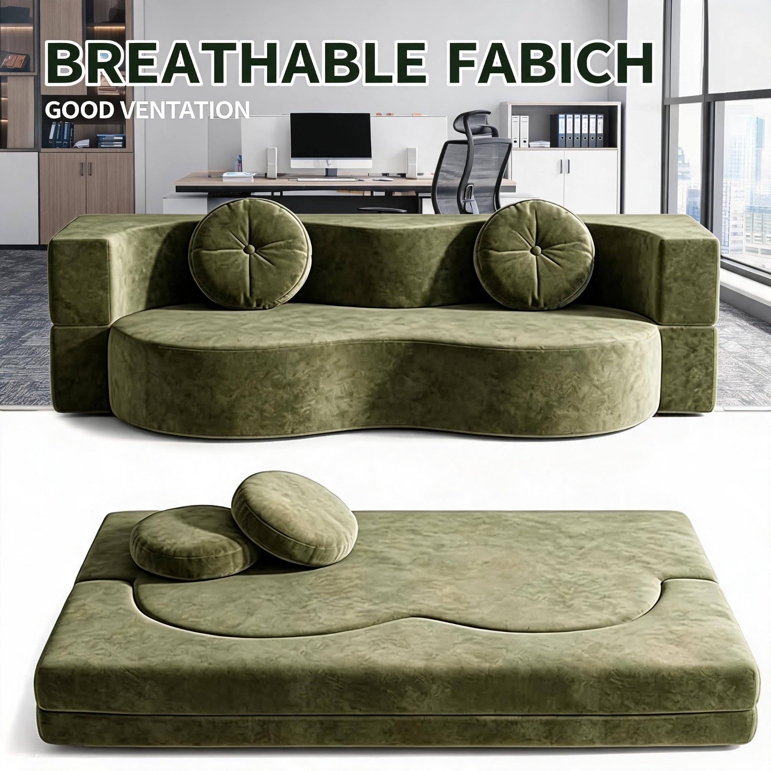 Komprimiertes Sofa ohne Knochen, wandelbar, komprimiertes Sofa, Bett, Memory-Schaum, vakuumverpackt, abnehmbarer Stoffbezug, inklusive 2 Wurfkissen, grün: 200 x 100 cm