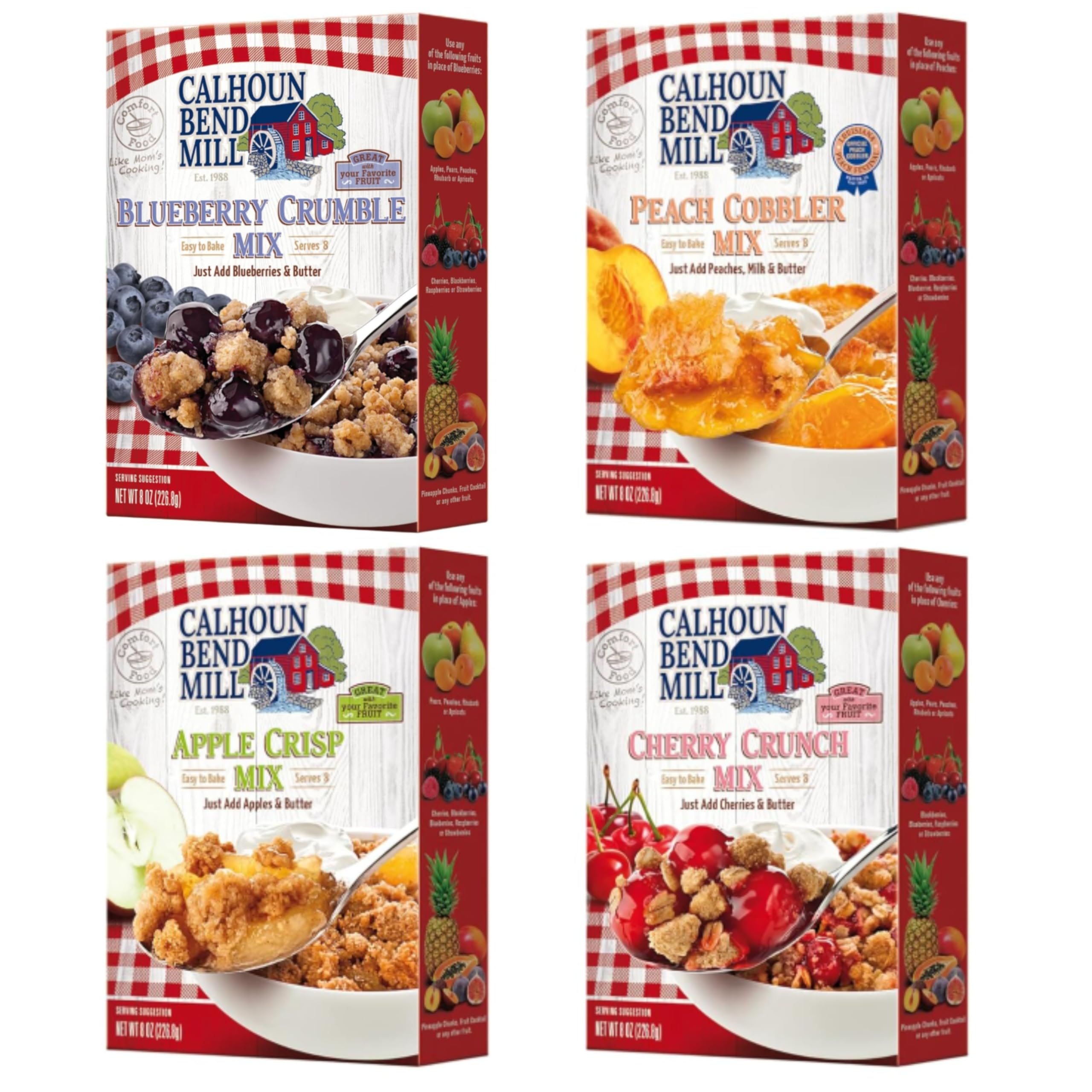 Calhoun Bend Mill Dessert Mix Variety Bundle, Blueberry Crumble, Apple Crisp, Cherry Crunch, Peach Cobbler, Easy Homemade, Microwave or Oven Baking, Ideal for Fruits, 8 oz Each