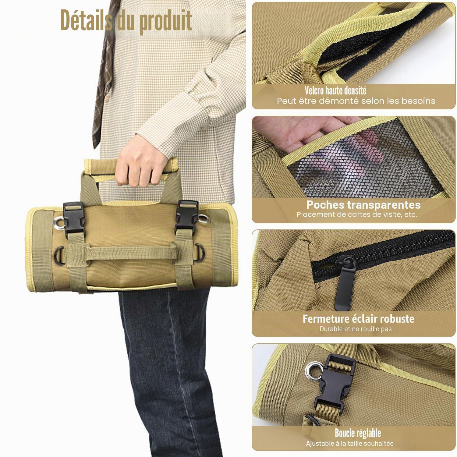 Sac à Outils Enroulable Trousse a Outils Sacs Porte-Outils Moto avec 5 Poches à Fermeture Éclair pour Ménage Charpenterie Électricien Voitures