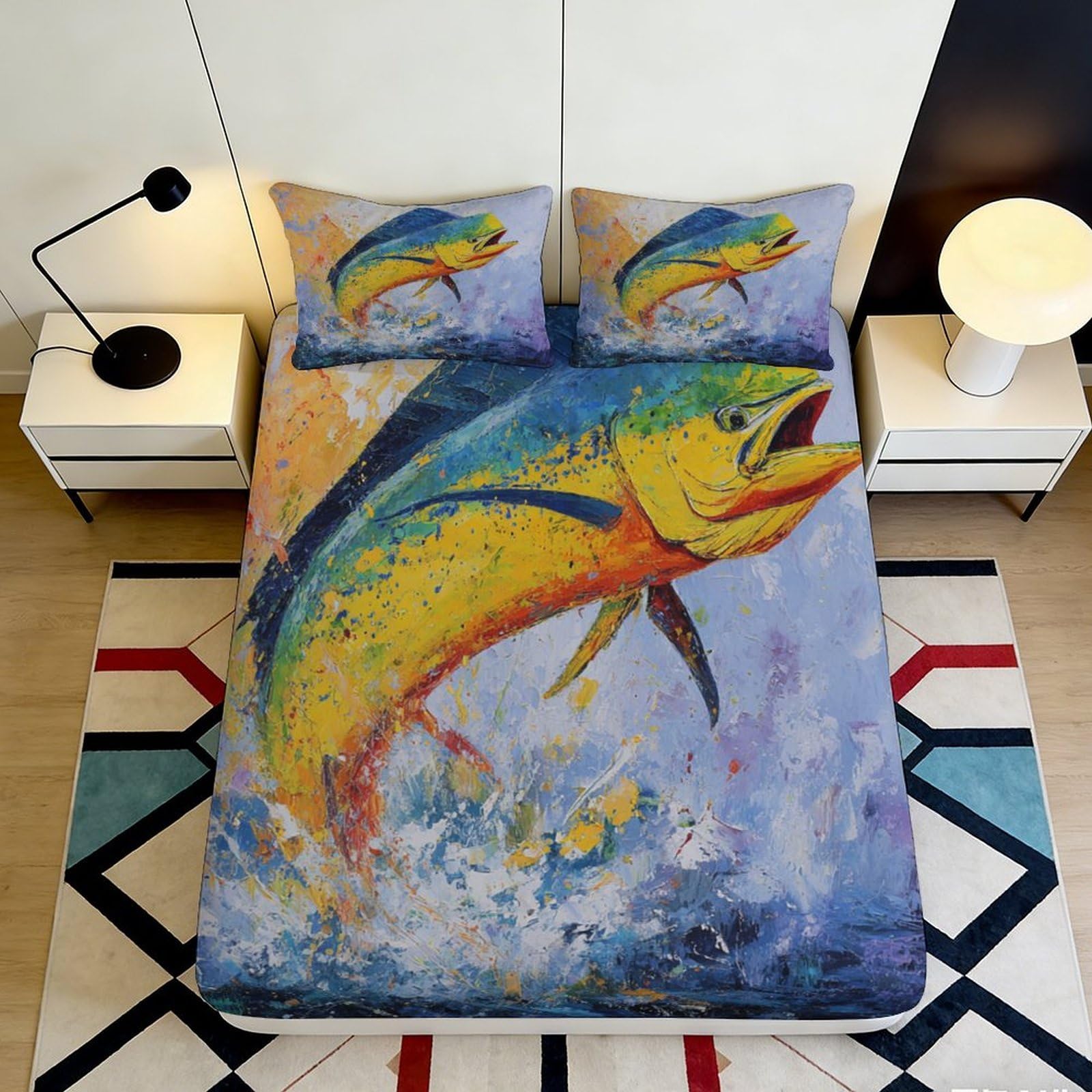3D Printed Vibrant Fish Splash Fitted Sheet Microfiber Soft Mattress Cover for Bedroom Dorm Decoration Easy Care 90x200x25cm