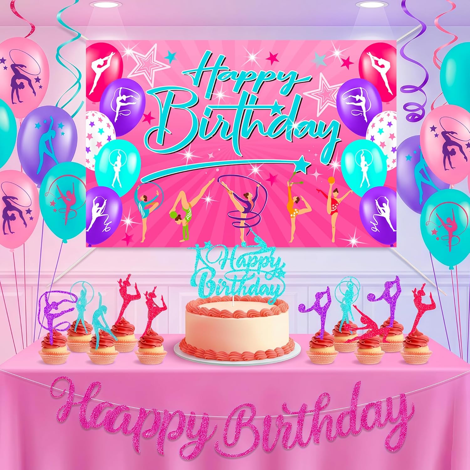192 PCS Gymnastics Birthday Party Decorations Serves 20 Guests Gymnastics Party Supplies with Bannner Cake Topper Balloon Plates and Napkins Cups Tablecloth For Gymnastics Party Decorations