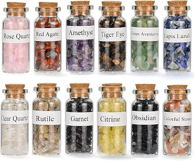 12Pcs Crystals Gemstone Bottles Set, Healing Crystal Tumbled Stones Collection Kit Natural Quartz Gravel Wishing Bottle, Reiki, Healing, Meditation, DIY Decorations