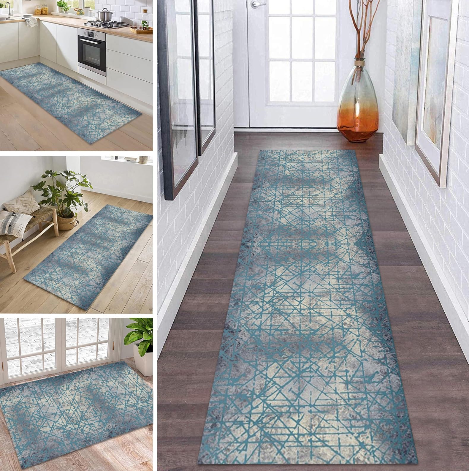 Tapis de couloir gris bleu antidérapant long 100x180 pour salon