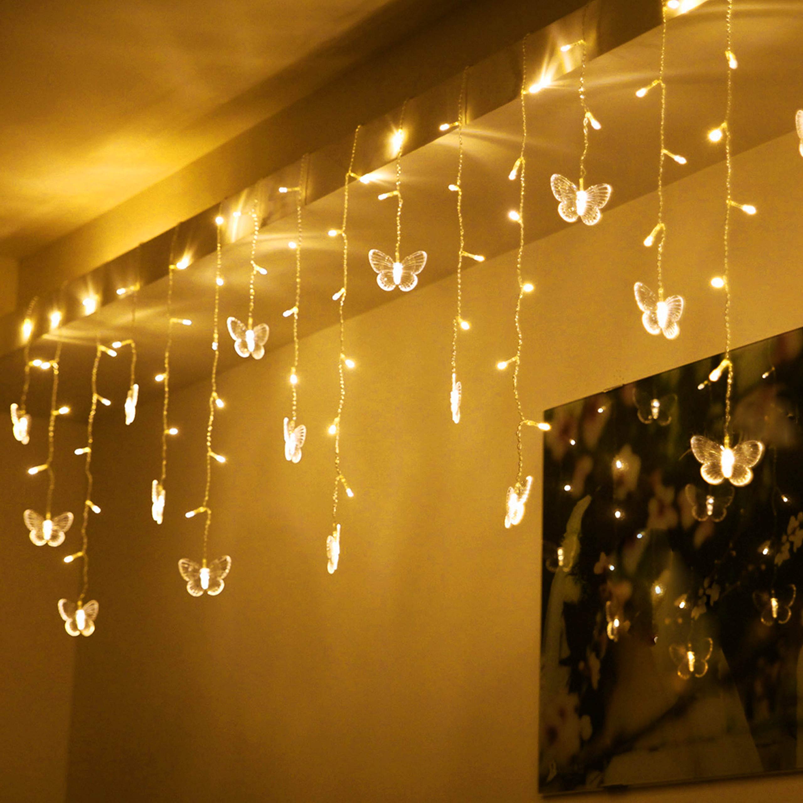 LEDVorhangLichter, 48 LEDs, USBbetrieben, 8 Modi, wasserdicht, für Fenster, funkelnde Lichterketten mit 10 Schmetterlingen mit Fernbedienung, für Weihnachten, Urlaub, Party,