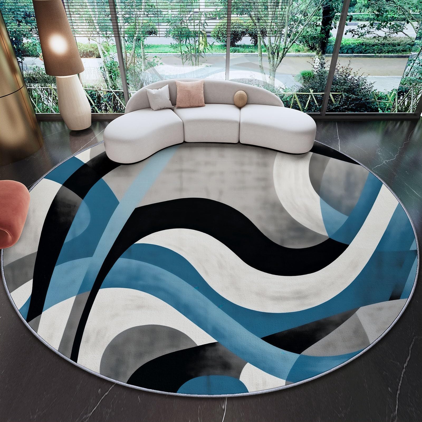 Générique Tapis Rond Salon 120 cm - Imprimé Moderne Abstrait Rayé Antidérapant Flanelle Douce Rond Tapis de Sol Décoration, Circulaire pour Salon Chambre Cuisine Bureau Couloir, Gris-Bleu
