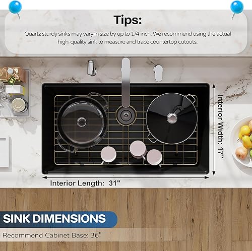 Miniatura 6 de Fregadero de cocina compuesto de granito negro 33, fregadero de granito de montaje inferior de cuarzo de 33 x 19 pulgadas, repisa para estación de