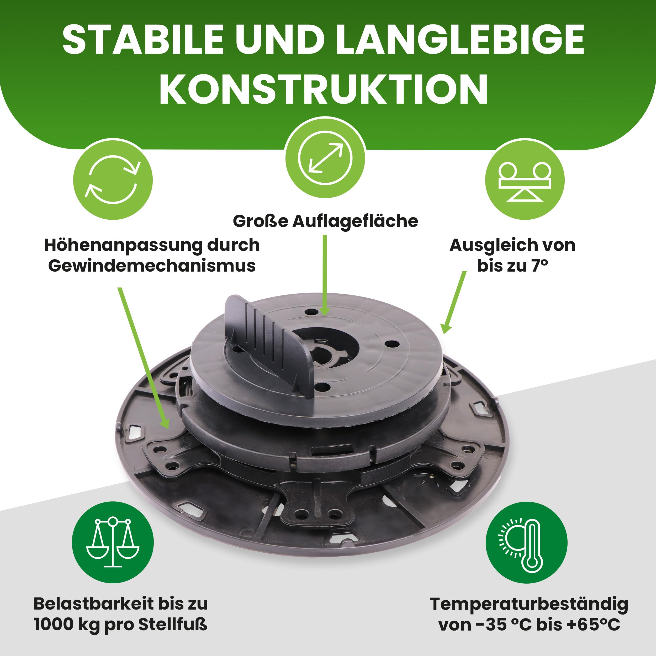 Gartenwelt Riegelsberger Justierbarer Balkenlager PRO mit Gefälleausgleich bis zu 7% Terrassenlager Stelzlager Stellfuß für Holz WPC Aluminium höhenverstellbar 65-89 mm | 66 Stück (1 Karton)