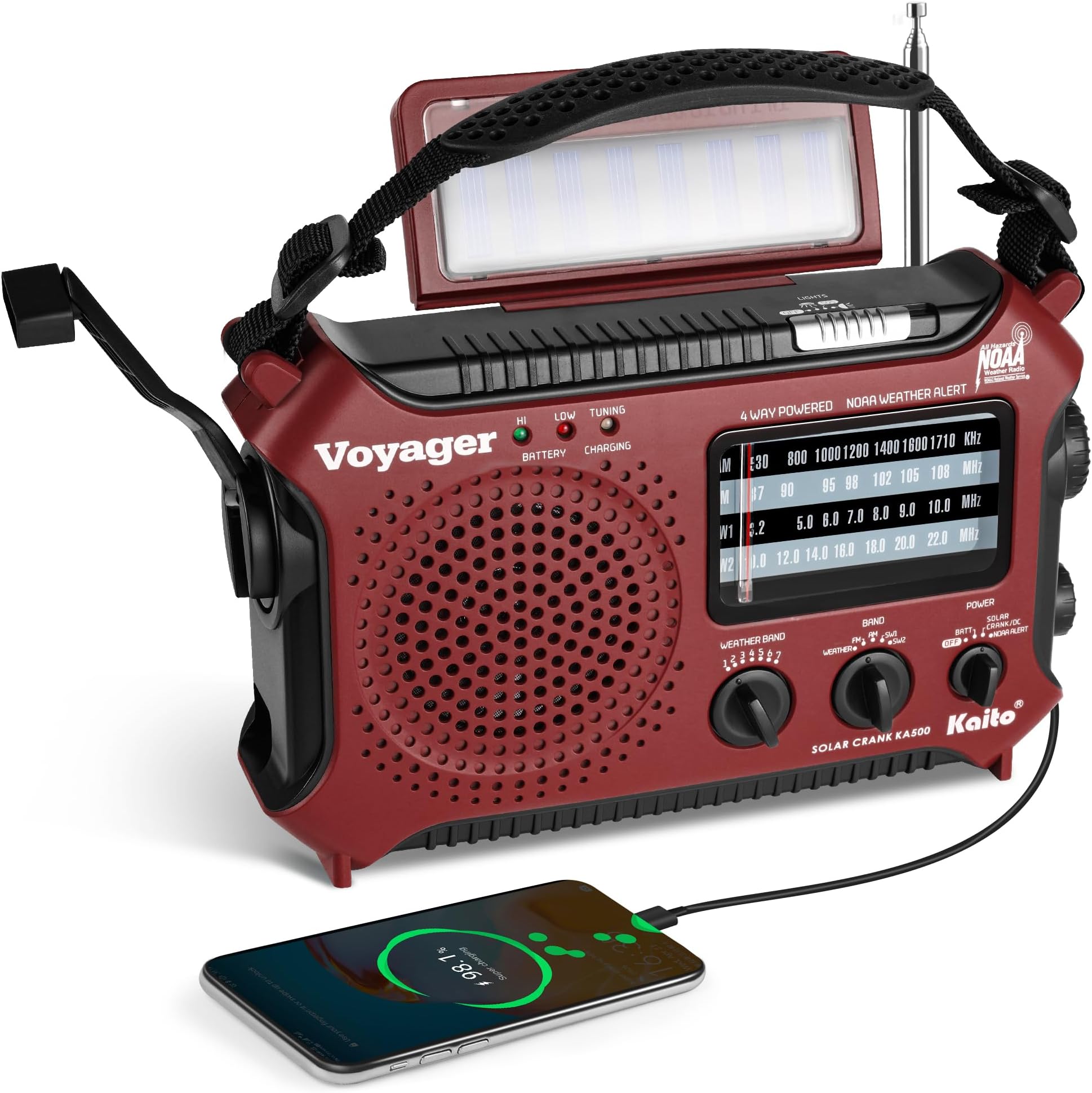 Kaito KA500RED 5-Way Powered Emergency AM/FM/SW Weather Alert Radio, Red