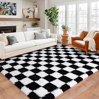Checkered Rug for Living Room, Modern Soft Shag 6x9 Area Rugs, Plush Fuz...
