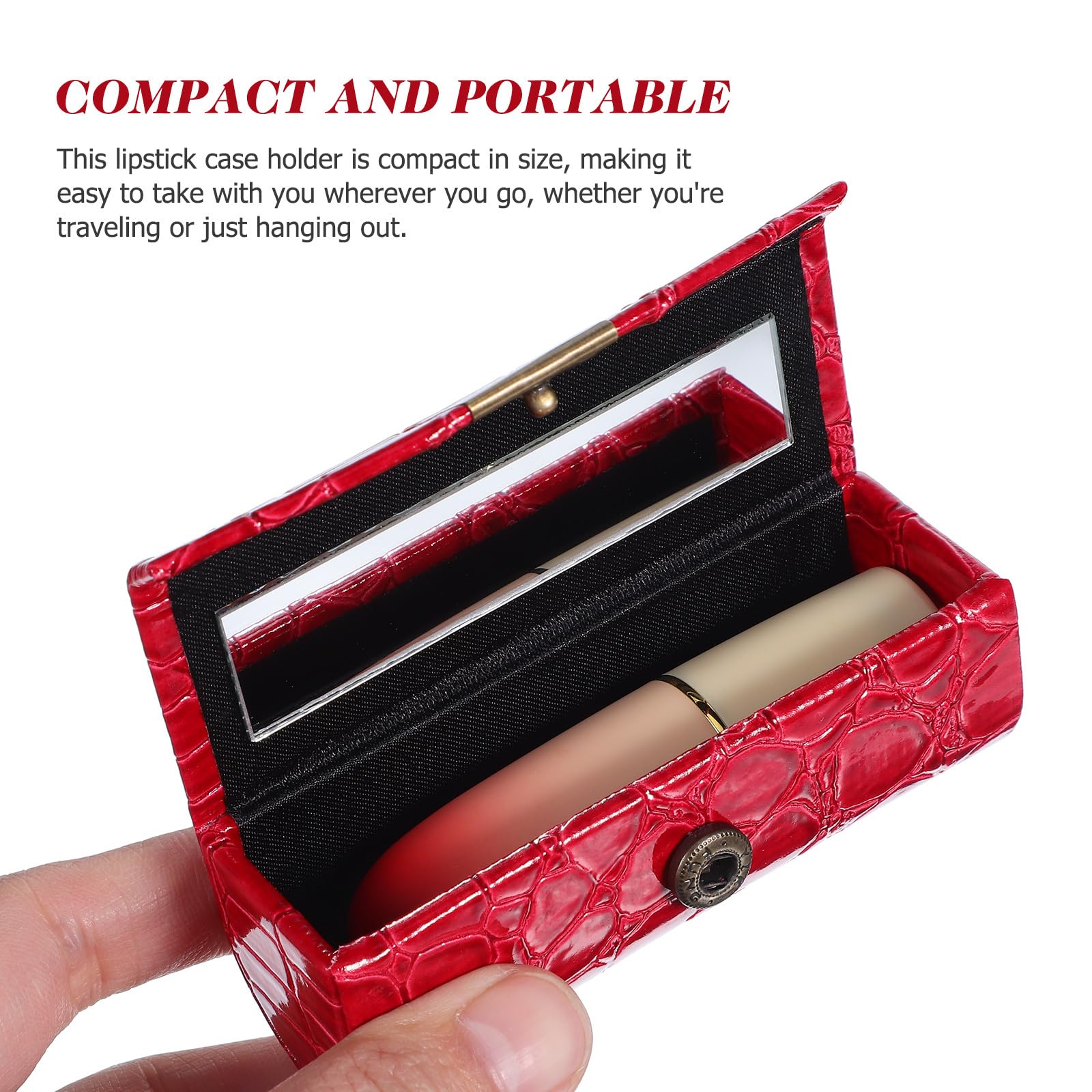 FOMIYES Red Pu Leather Lipstick Case with Mirror, Portable Lipstick Holder - Image 3