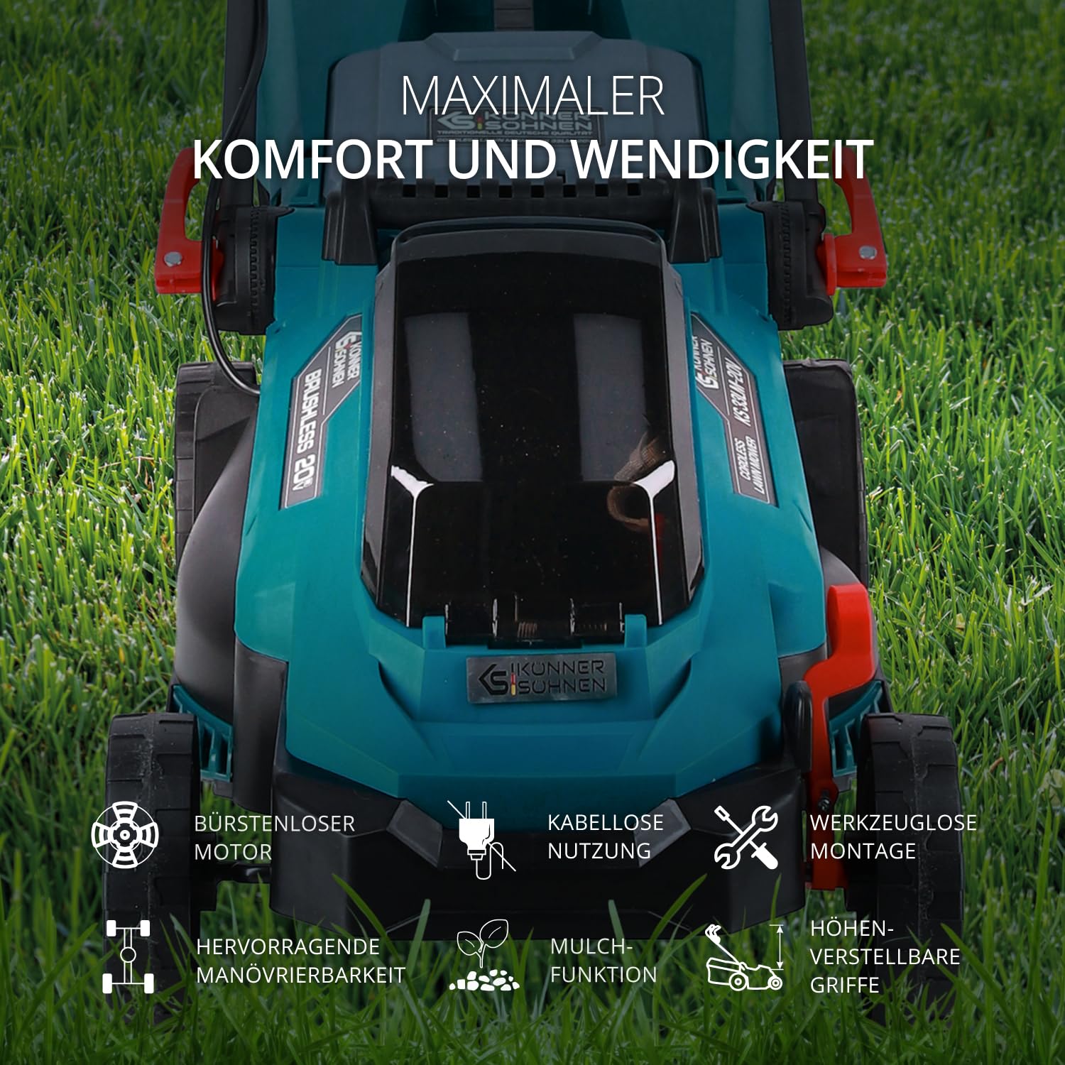 K&S Könner&Söhnen Zestaw do urządzeń ogrodowych zasilanych akumulatorem, do pielęgnacji trawnika, KS 33LM-BCT20V-SET 20 V i kosiarka (5 pozycji) do pielęgnacji trawnika, ładowarka + akumulator 4 Ah