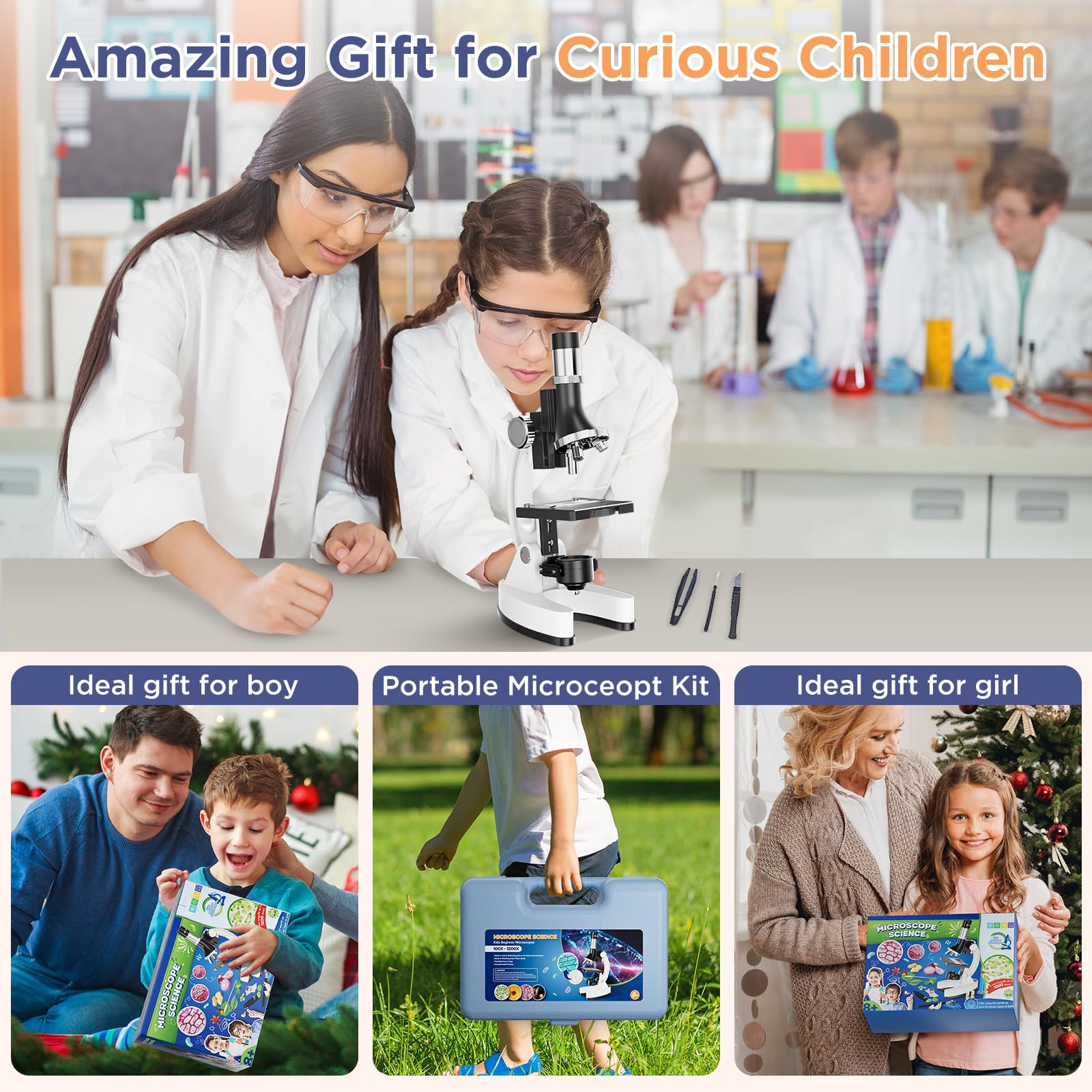 Kit Microscopio Professionale Bambini 100X-1200X: Microscopio Ottico per Ragazzi Scoperta STEM Biologia - Set Scienza con Vetrini Microscope, Scatola Trasporto - Regalo Educativo per Bambino 5-12 Anni