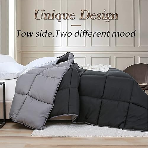 Miniatura 5 de Edredón reversible de tamaño individual, edredón alternativo con pestañas en las esquinas, funda de microfibra cepillada, edredón negro y gris