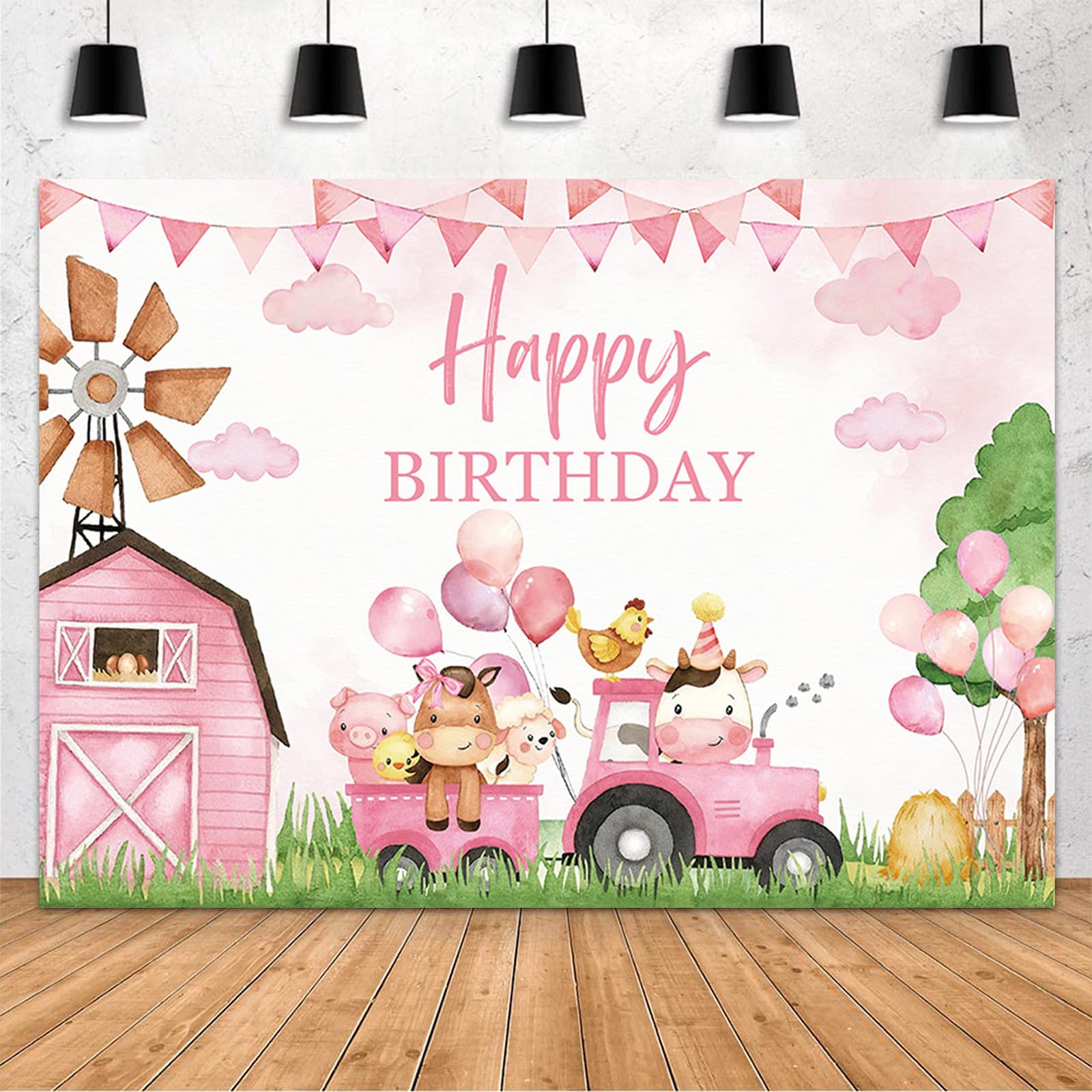 MEHOFOND Farm Animals Happy Birthday Backdrop for Girl Pink Barn House Birthday Party Decorations Banner Cartoon Farm Animals Farmland Clouds Farm
