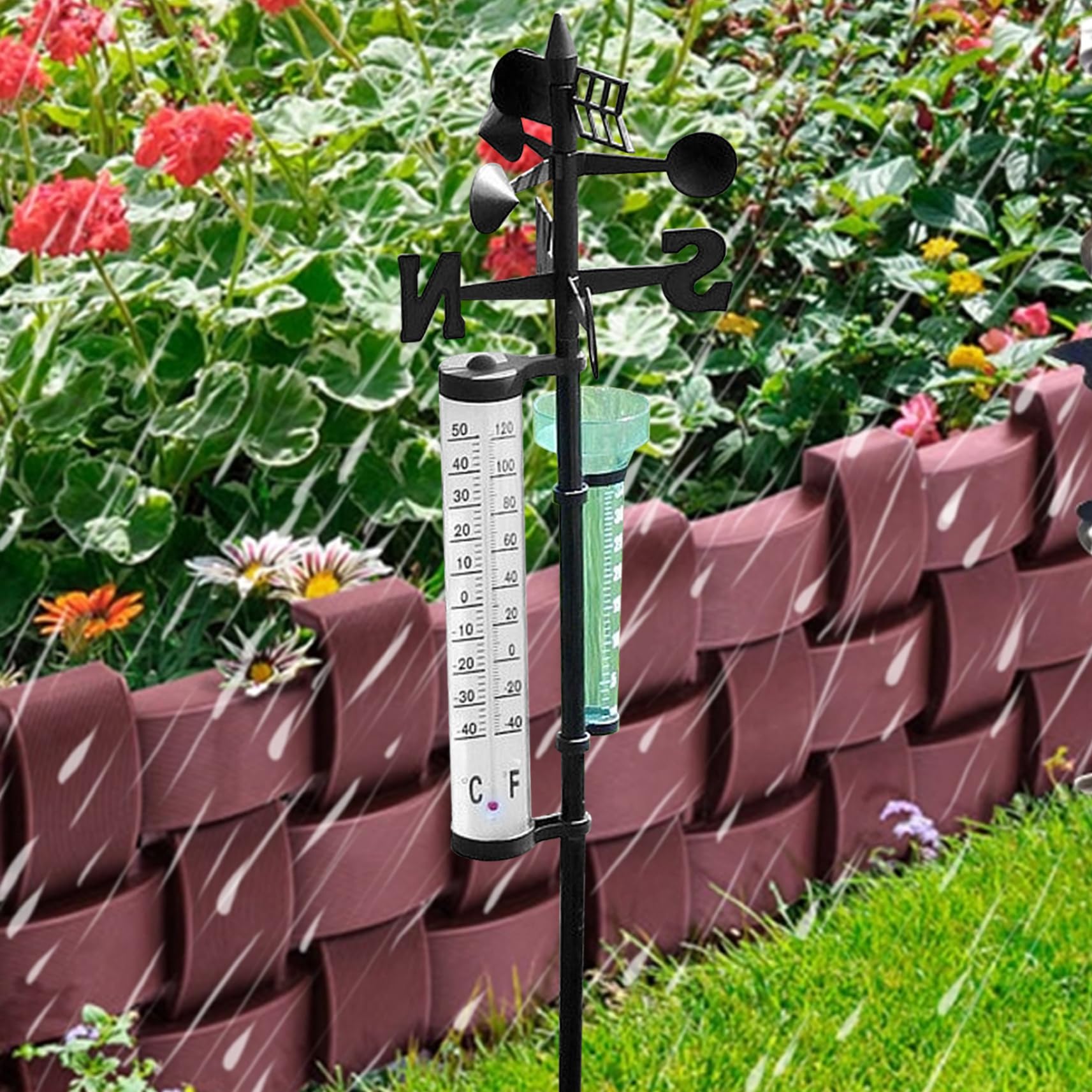 Drahtlose Wetterstation mit drehbarer Halterung 55'' mit Regenmesser-Thermometerfahne für den Garten