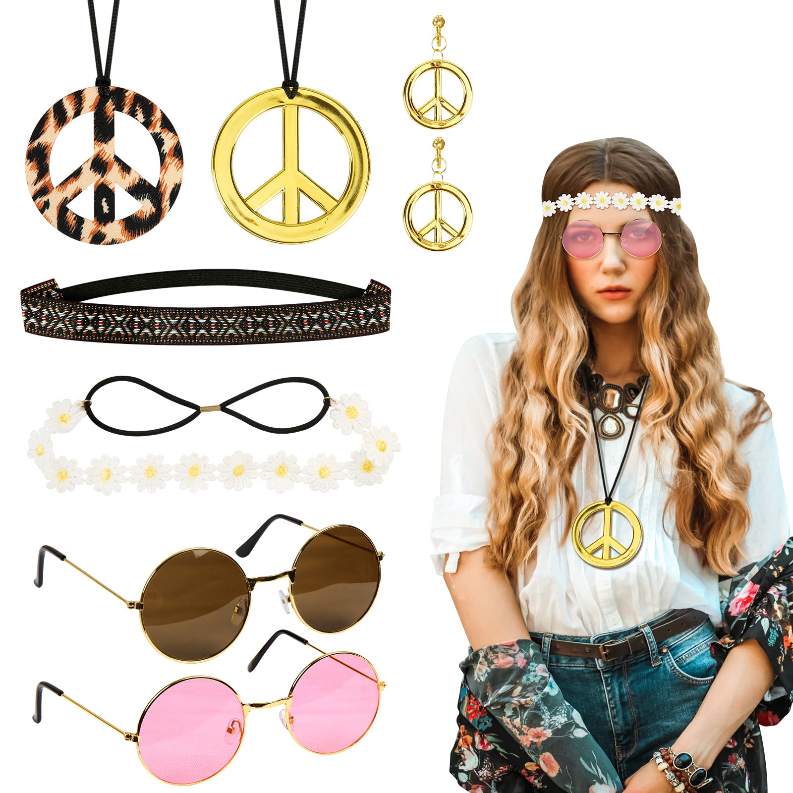Set De 5 Accesorios Hippie Para Mujer – Gafas, Collar Paz, Pendientes Y Diadema De Margarita, Estilo 60s 70s
