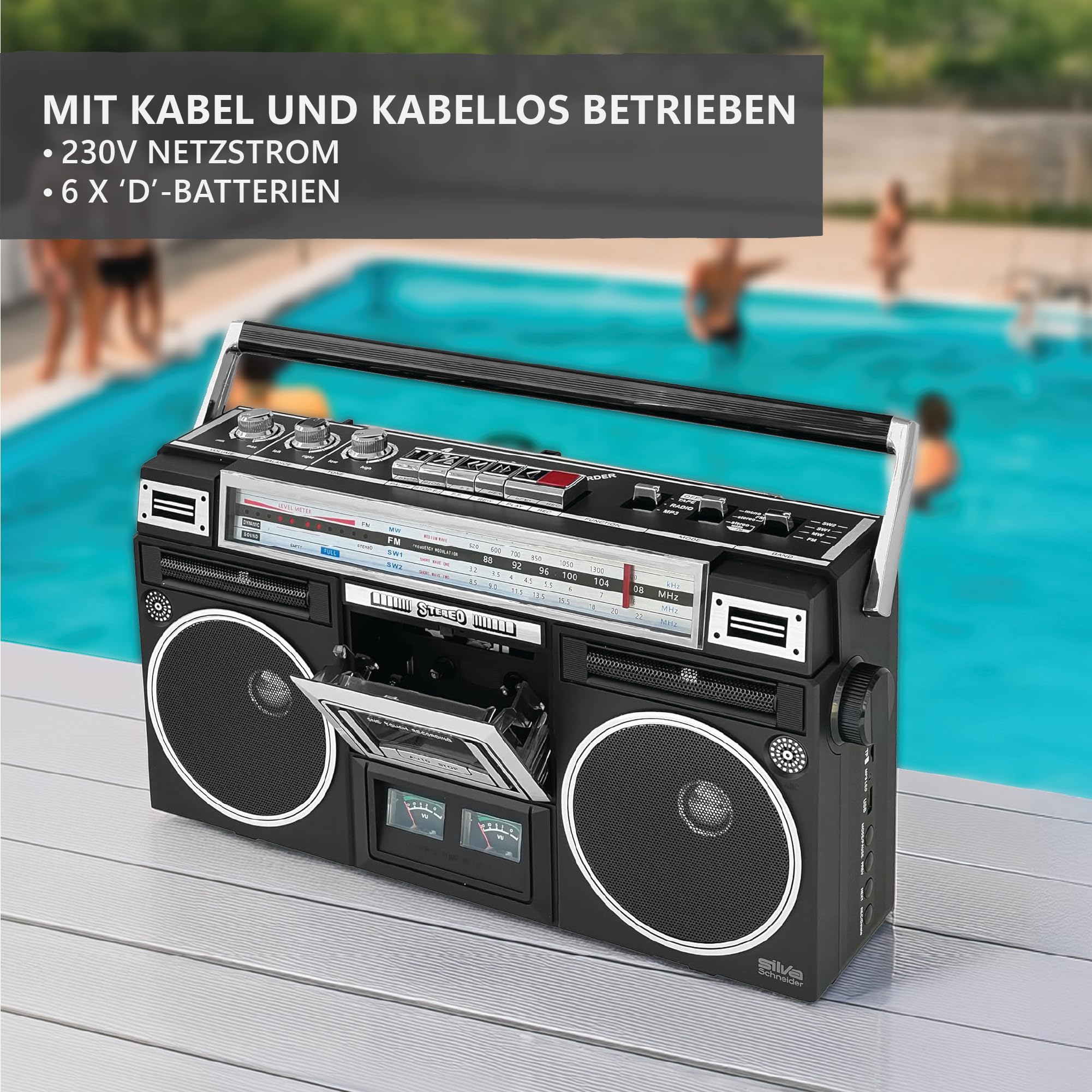 Silva Schneider PCR 1980 BT Tragbarer Retro-Kassettenrecorder mit Bluetooth und Recording Funktion