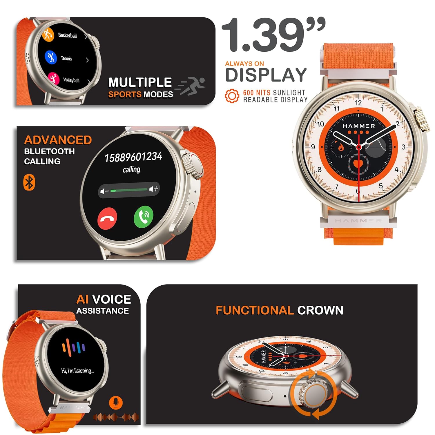 HAMMER Active 3.0 1.39" Round Dial Smart Watch for Men, Always On Display, Metallic Body, Bluetooth Calling, Notifications (Pop Orange) 15 81cC2nFEBhL. SL1500