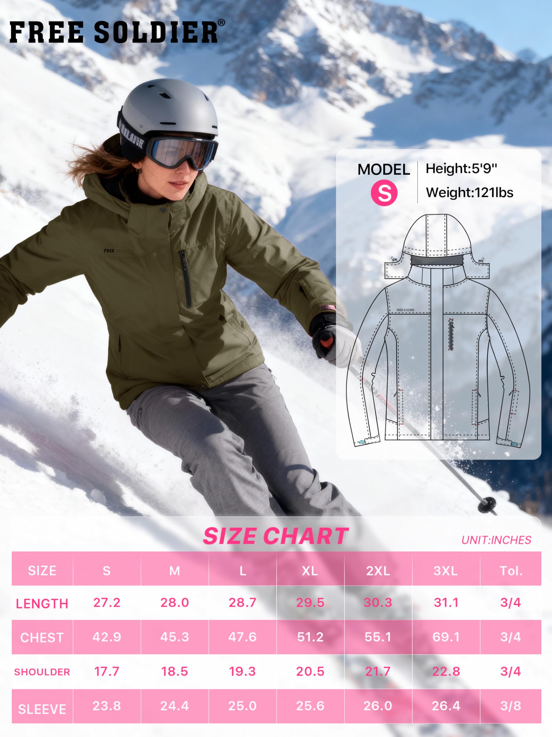 FREE SOLDIER Women's Waterproof Ski Snow Jacket Fleece Lined Warm Winter Rain Jacket with Hood Fully Taped Seams