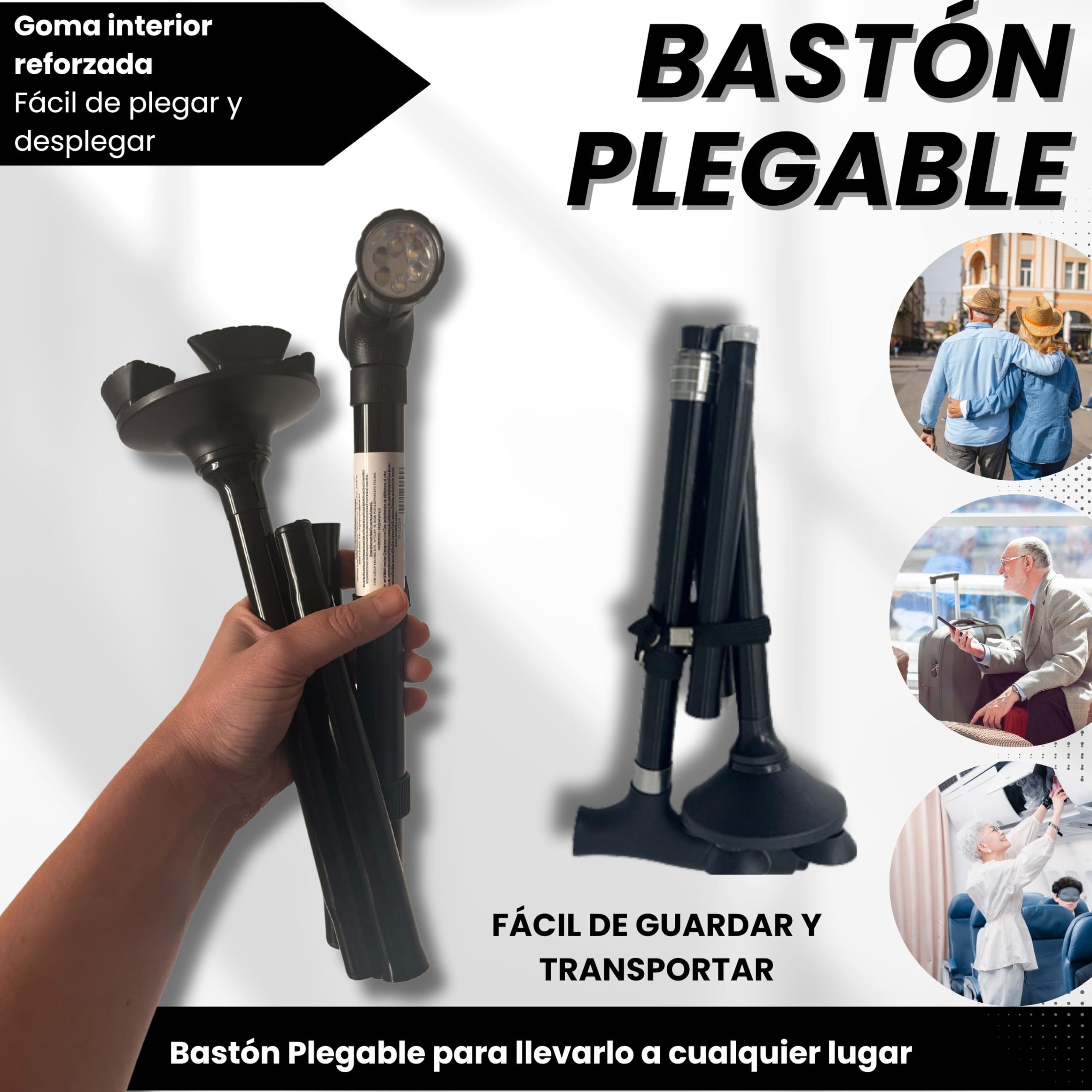 Bastón Plegable para Mayores con Luz LED | Extensible y Ajustable en Altura | Aluminio Ultraligero y Mango Acolchado | Base Antideslizante 4 Puntos | Seguridad Día y Noche | Evita Caídas