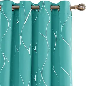 Deconovo Extra Long Grommet Blackout Curtains, Silver Foil Wave Printed Room Darkening Curtain, Thermal Insulated Energy Saving Drapes for Patio Door (52W x 108L Inch, Turquoise, 2 Panels)