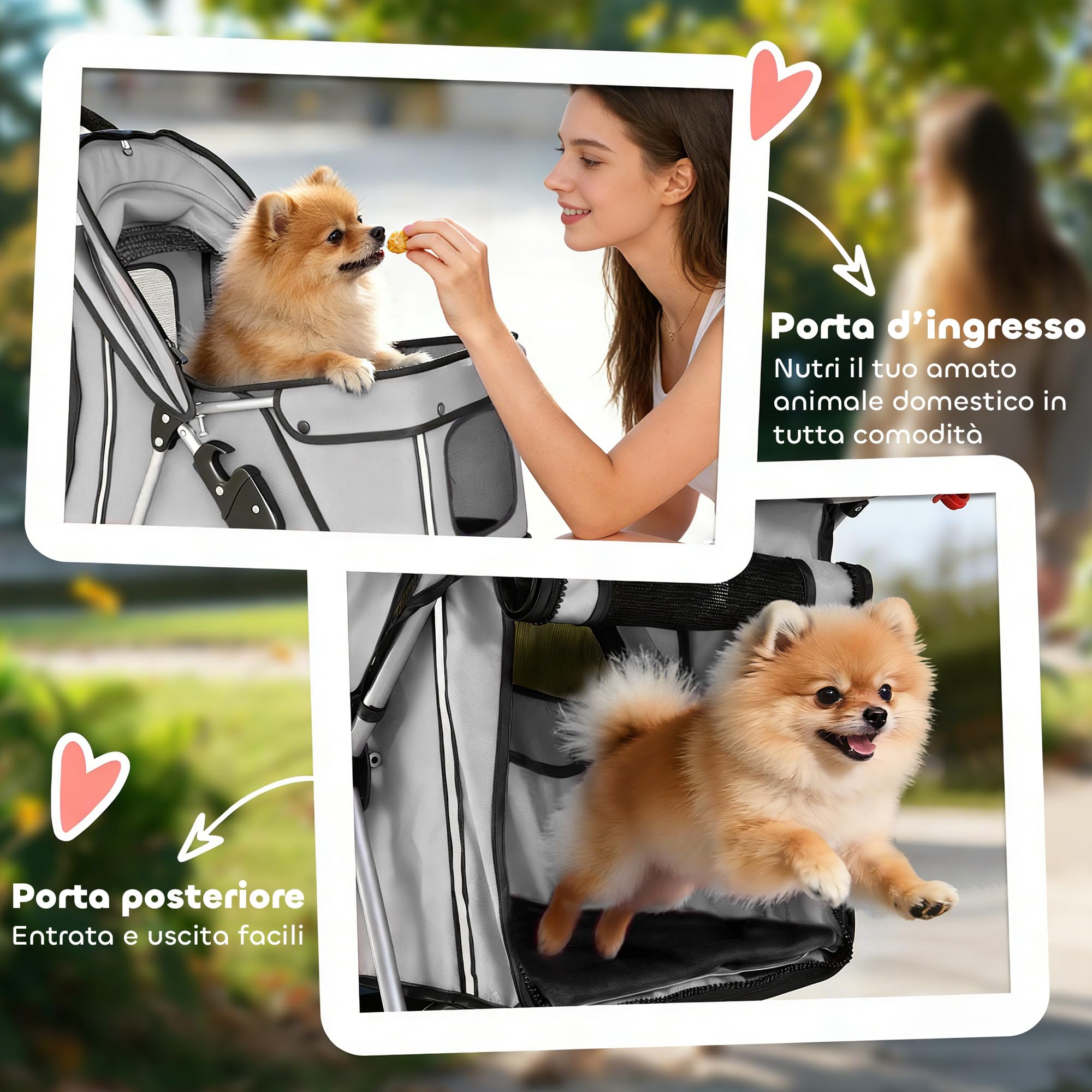 PawHut Passeggino per Cani Pieghevole, Carrozzina per Animali con Copertura Antipioggia, Catarifrangenti, Ruote Girevoli a 360°, Freni e Cuscino Lavabile, Grigio