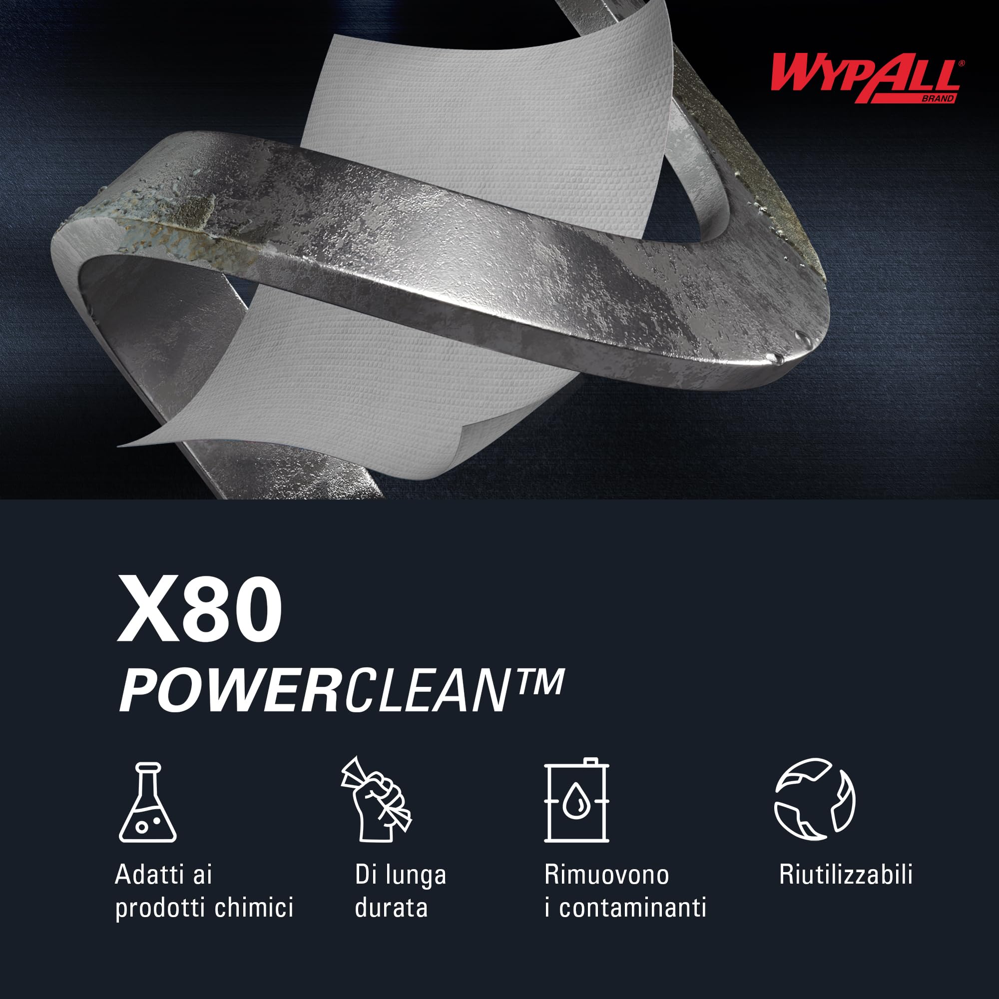 WypAll Panni WypAll X80 Power Clean - Panni per la pulizia riutilizzabili - 1 rotolo grande da 455 panni assorbenti bianchi, Numero articolo 8377